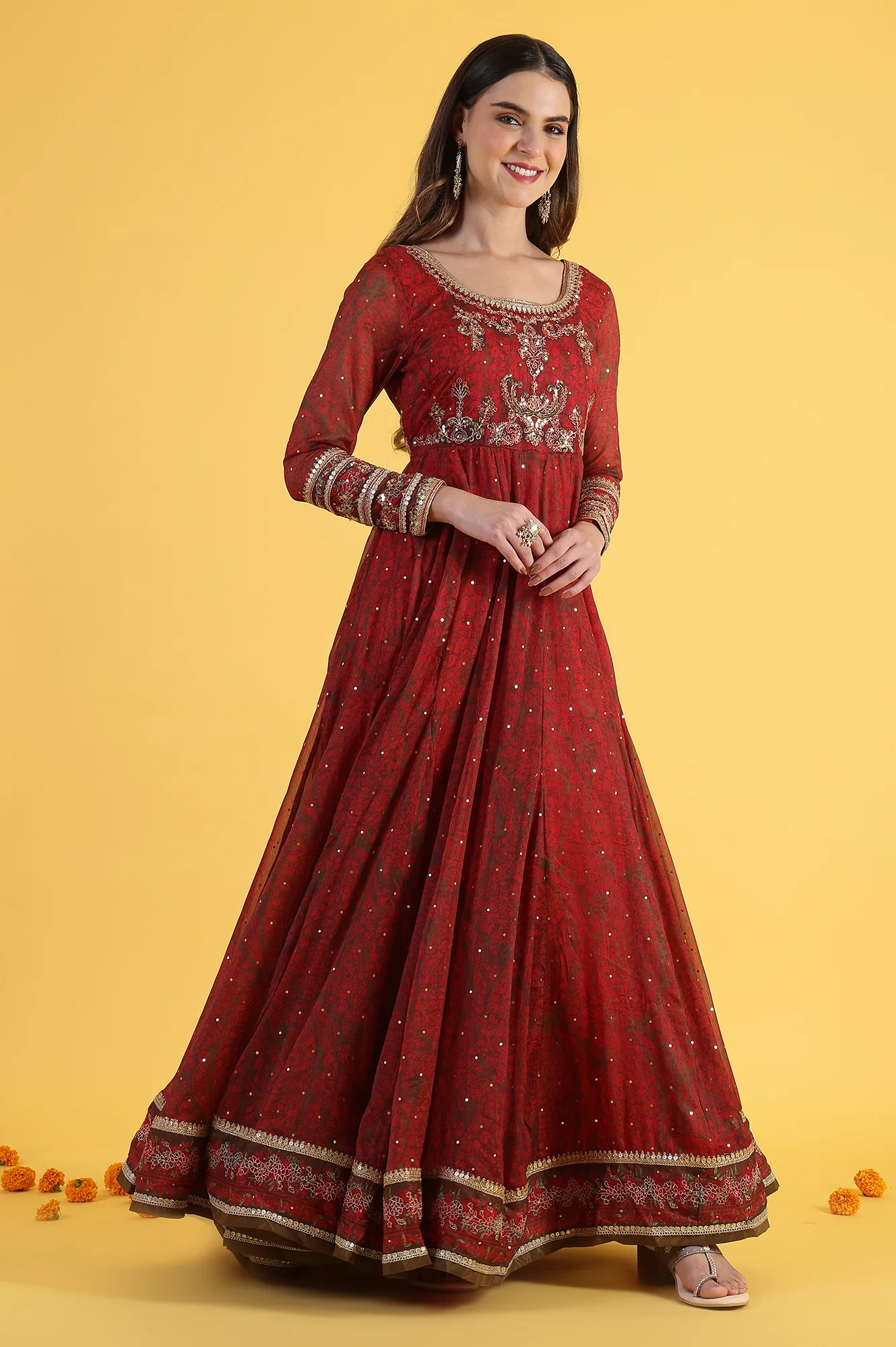 Red Dori Embroidery Chiffon Flared Dresses with Dupatta Set - Image 6