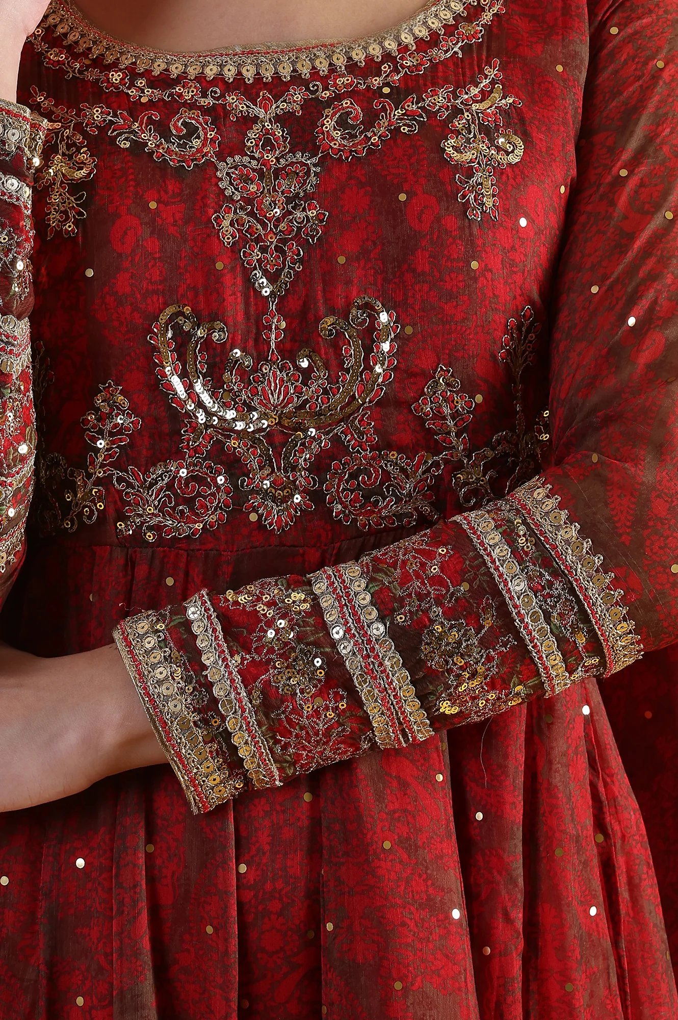 Red Dori Embroidery Chiffon Flared Dresses with Dupatta Set - Image 8