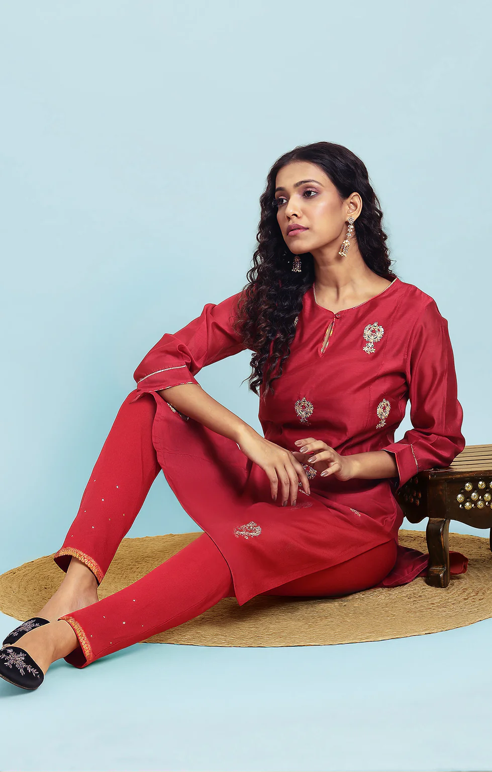 Red Dori Embroidery Viscose Blend Straight Kurta and Slim Pant Set - Image 2