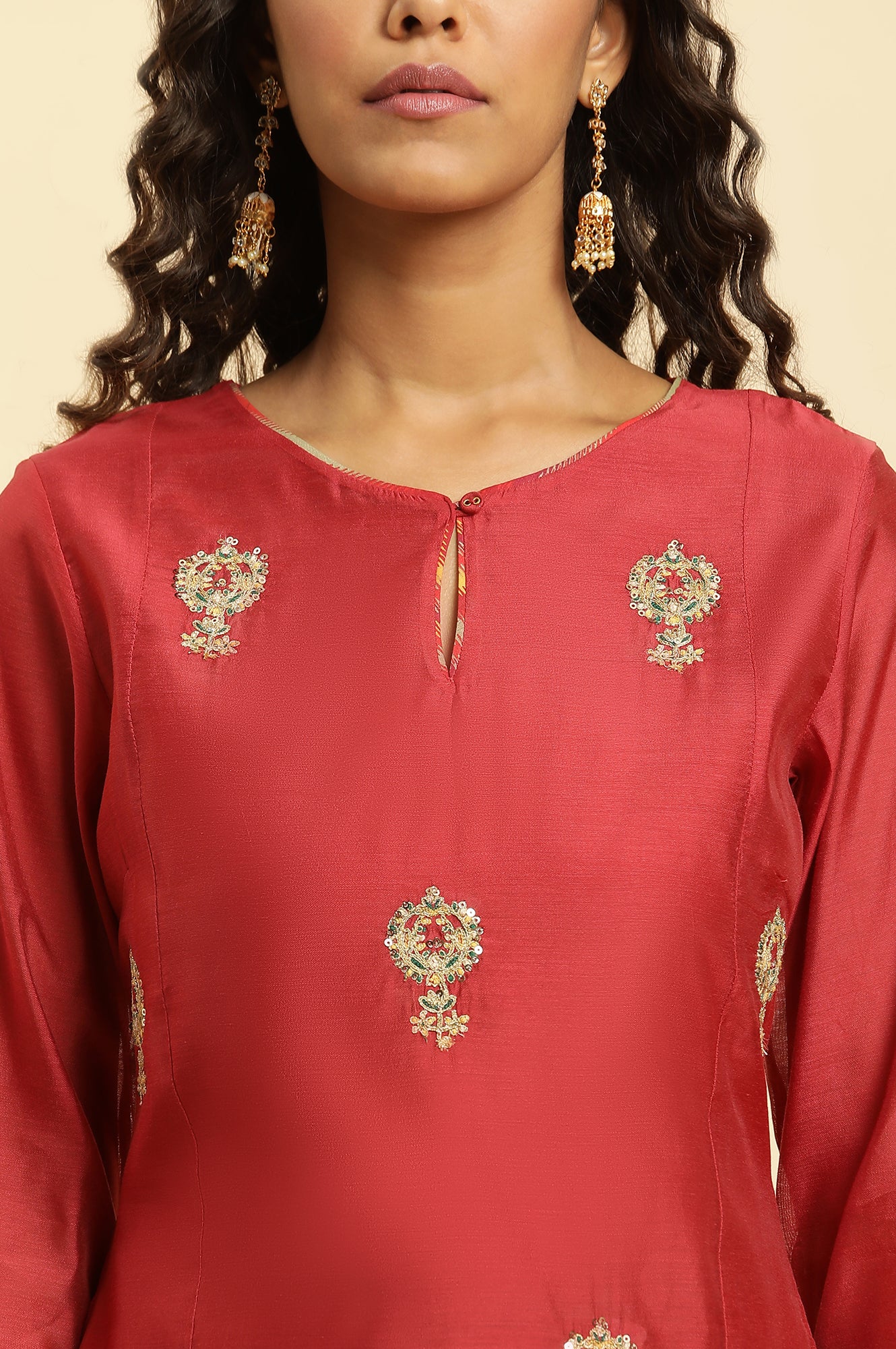 Red Dori Embroidery Viscose Blend Straight Kurta and Slim Pant Set - Image 3