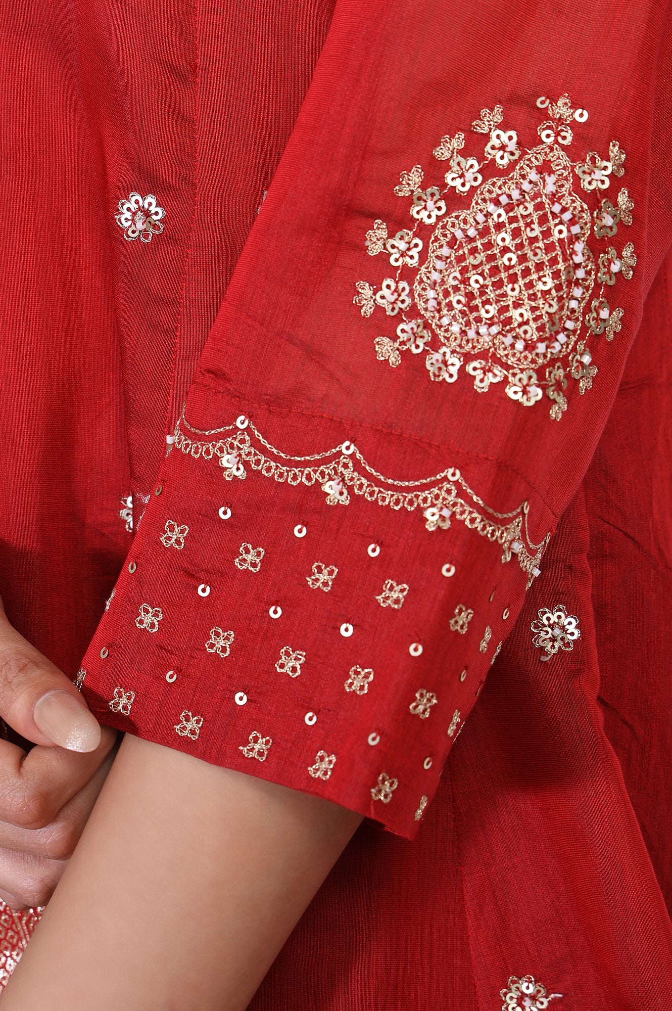 Red Embellished Flared Kurta with Sharara and Dupatta Set - Image 8