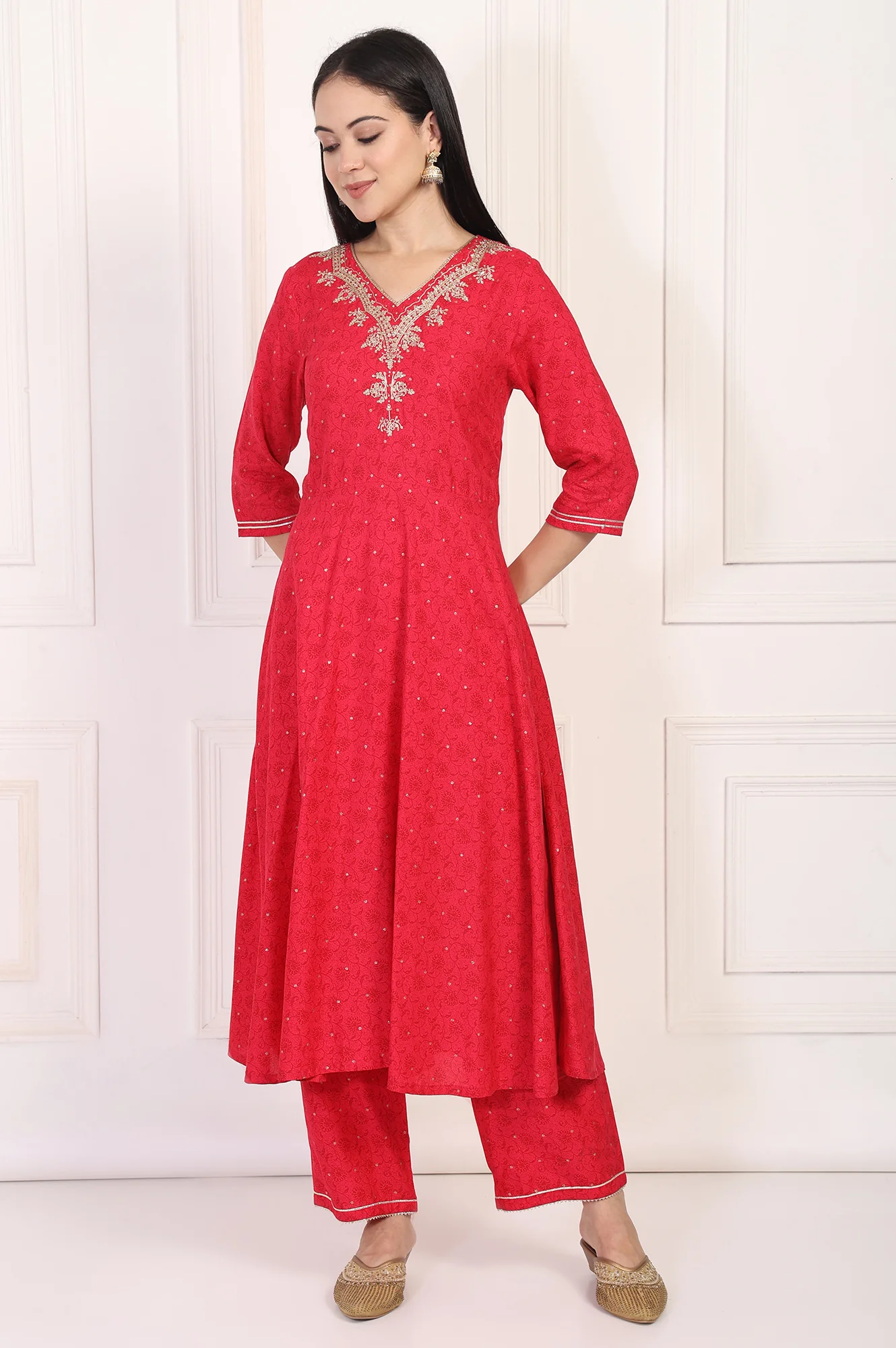 Red Embroidered A-Line Kurta and Straight Trouser Set - Image 2