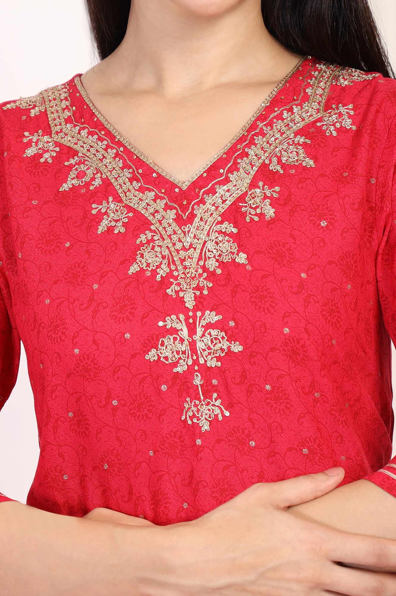 Red Embroidered A-Line Kurta and Straight Trouser Set - Image 3
