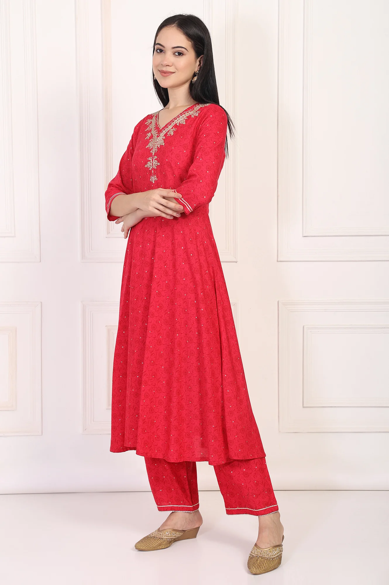 Red Embroidered A-Line Kurta and Straight Trouser Set - Image 4