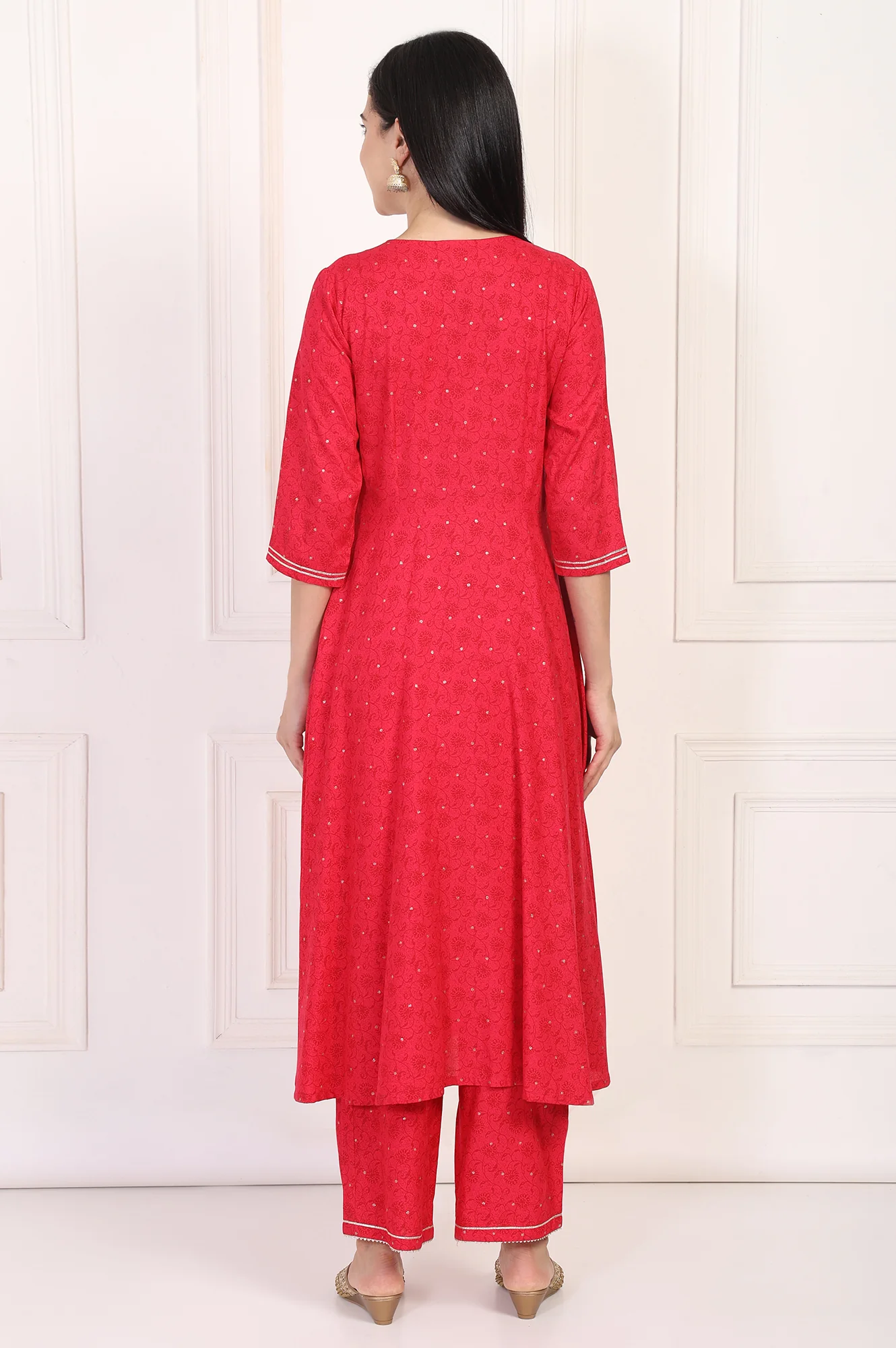 Red Embroidered A-Line Kurta and Straight Trouser Set - Image 5
