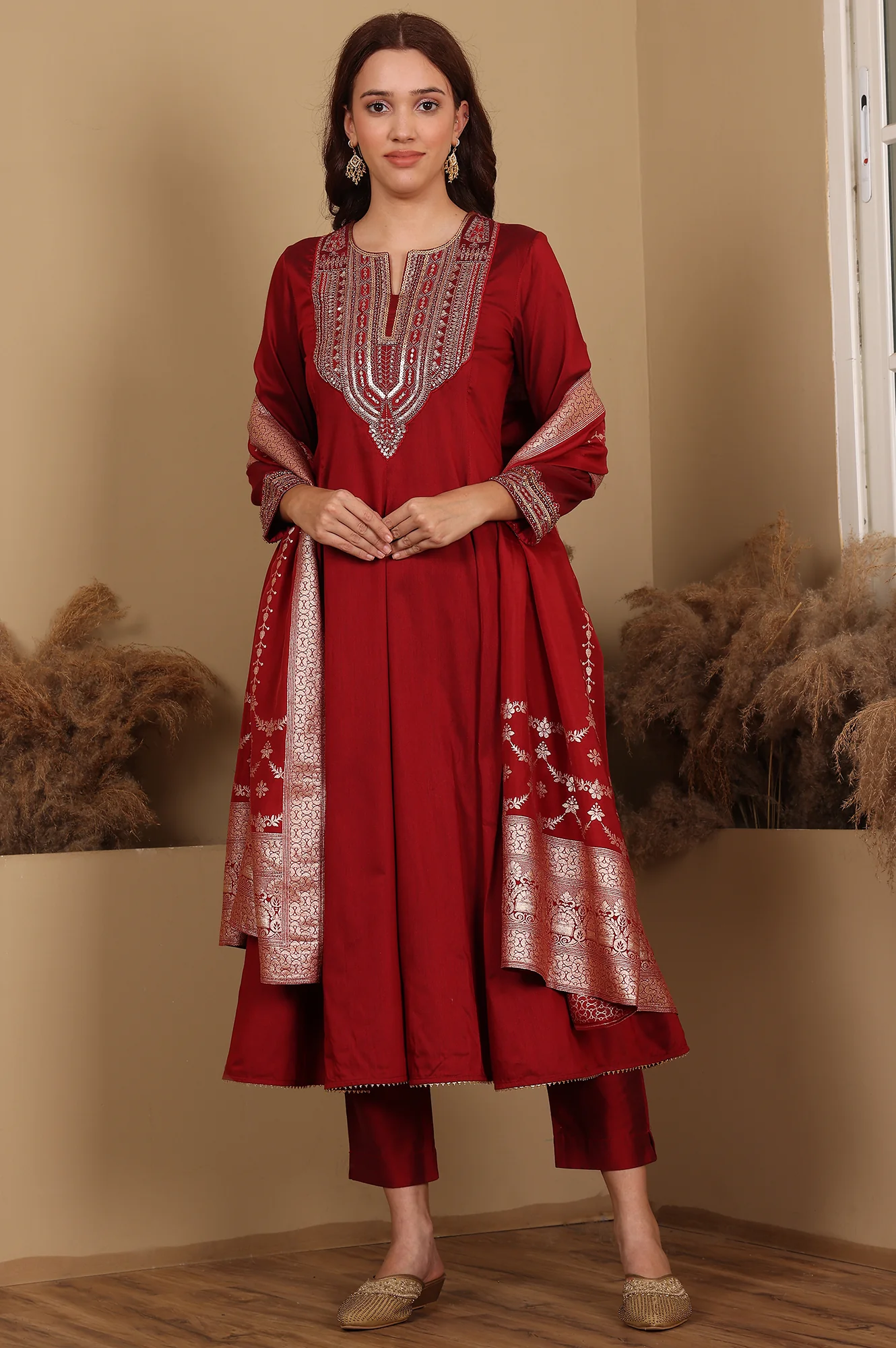 Red Embroidered Chanderi Flared Kurta, Slim Pants And Dupatta Set - Image 2