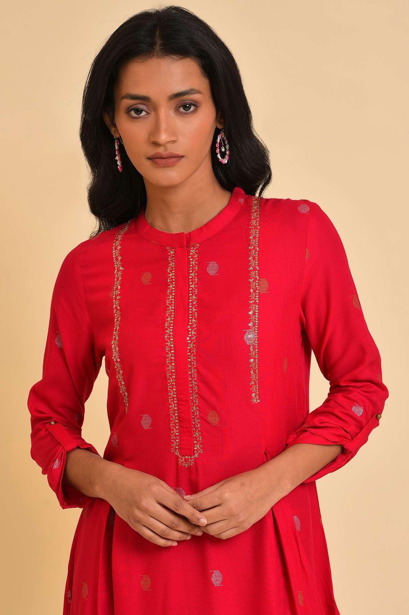 Red Embroidered Festive Kurta And Pants Set - Image 5