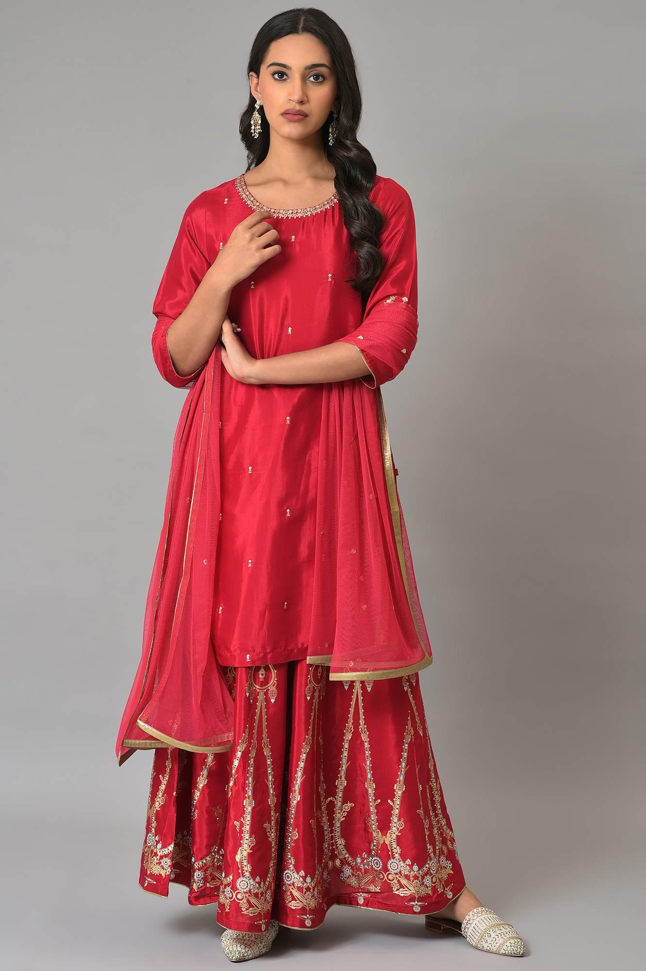 Red Embroidered Festive kurta With Culottes And Mesh Dupatta - Image 10