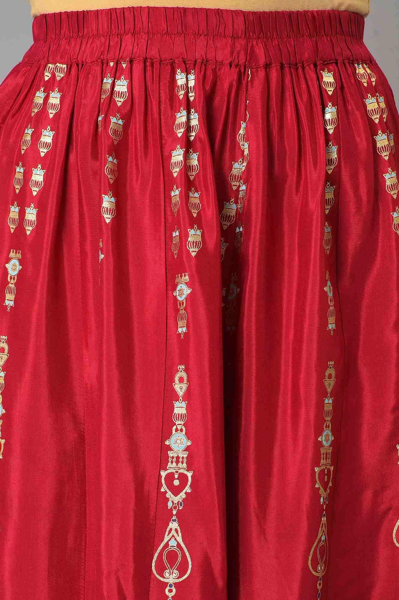 Red Embroidered Festive kurta With Culottes And Mesh Dupatta - Image 6