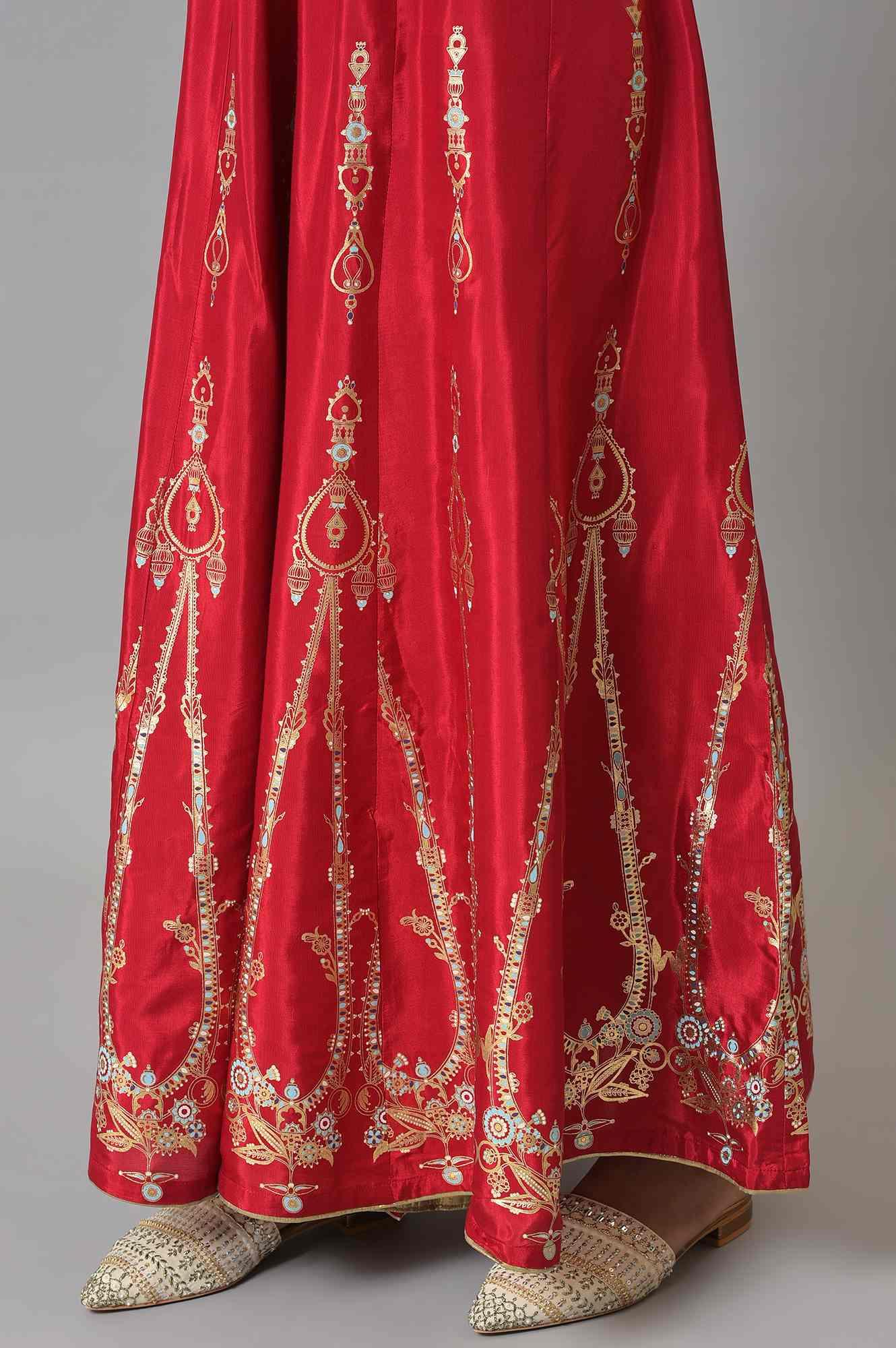 Red Embroidered Festive kurta With Culottes And Mesh Dupatta - Image 8