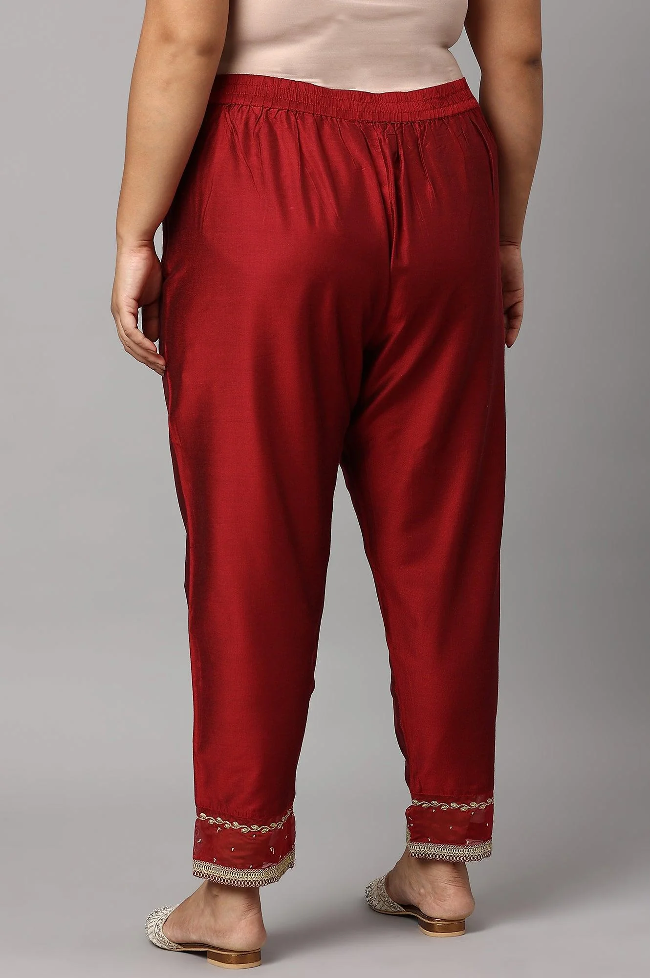 Red Embroidered Light Festive Plus Size Slim Pants - Image 2