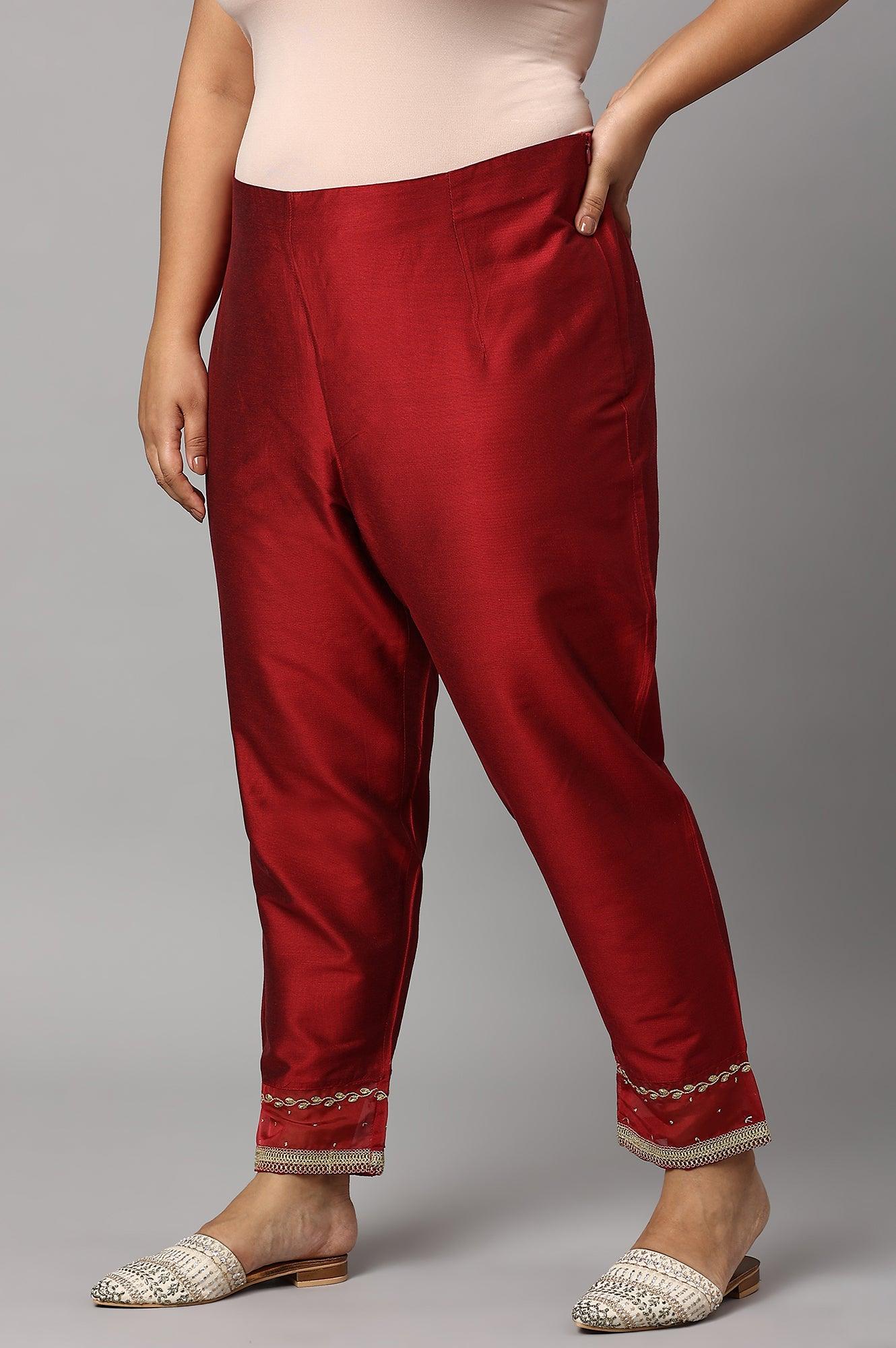 Red Embroidered Light Festive Plus Size Slim Pants - Image 3