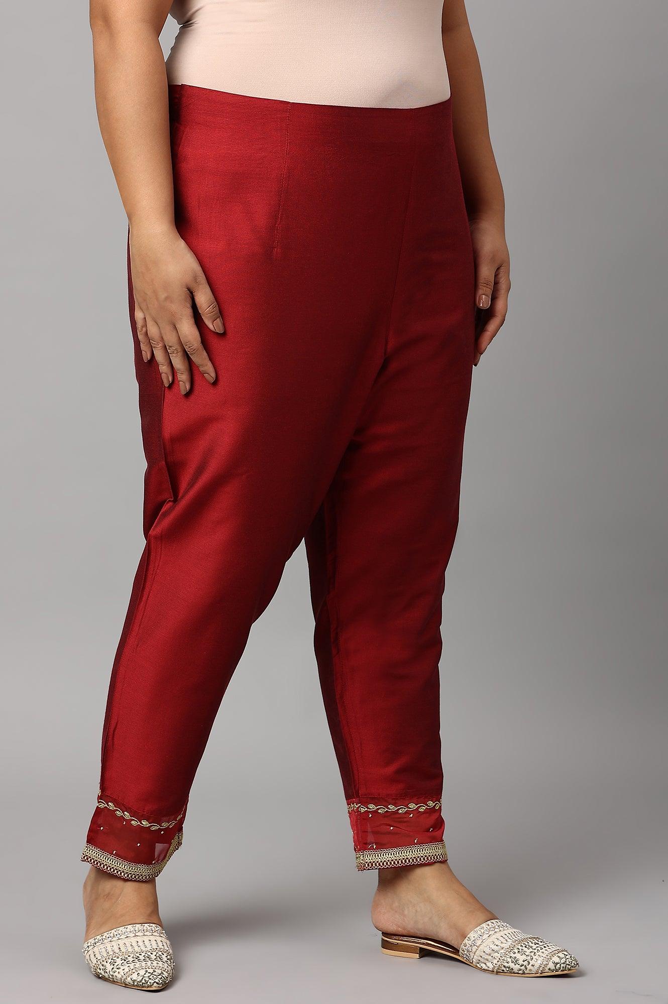 Red Embroidered Light Festive Plus Size Slim Pants - Image 4