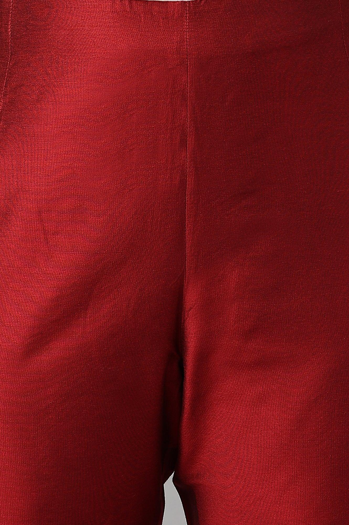 Red Embroidered Light Festive Plus Size Slim Pants - Image 5