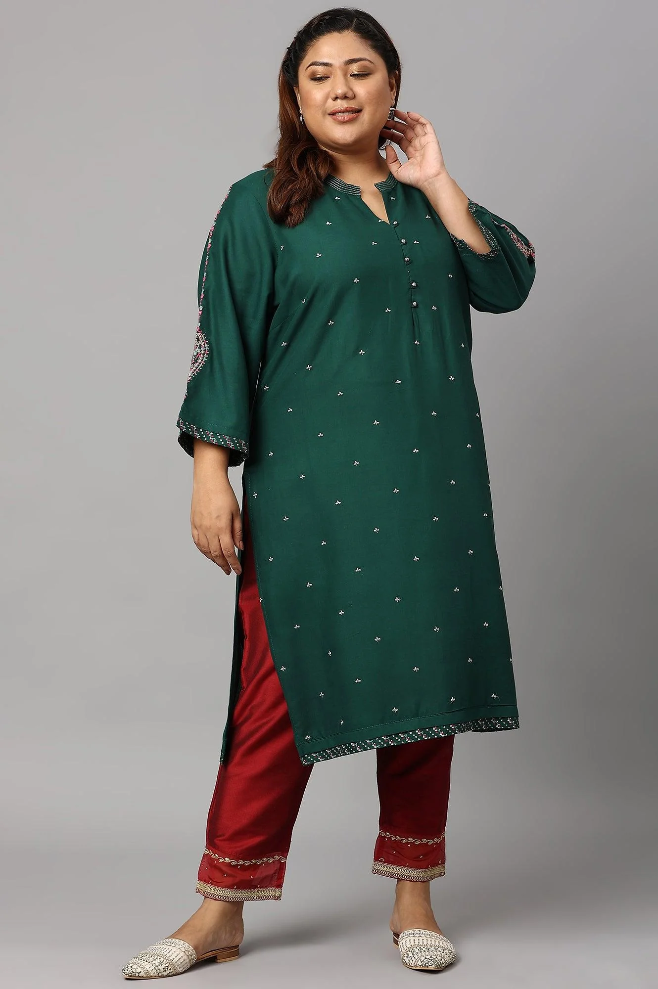 Red Embroidered Light Festive Plus Size Slim Pants - Image 6