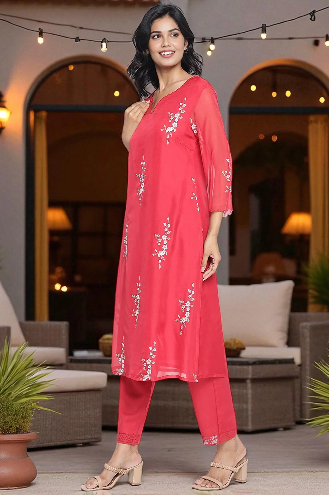 Red Embroidered Printed Organza Straight Kurta, Straight Pant and Dupatta Set - Image 3