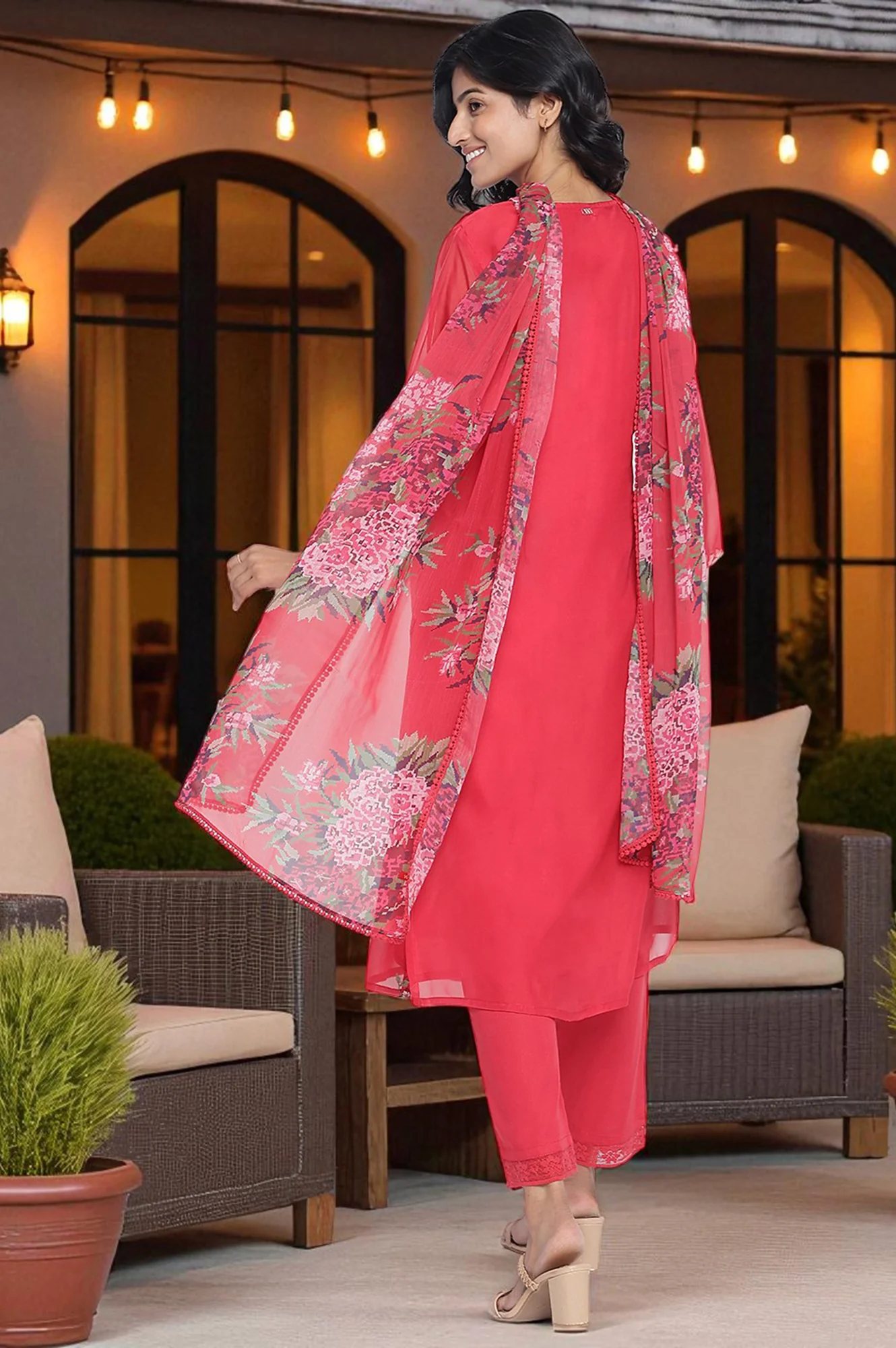 Red Embroidered Printed Organza Straight Kurta, Straight Pant and Dupatta Set - Image 4