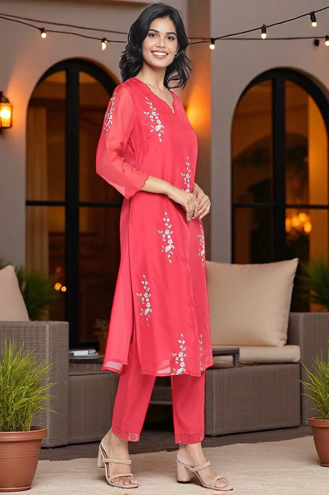 Red Embroidered Printed Organza Straight Kurta, Straight Pant and Dupatta Set - Image 5