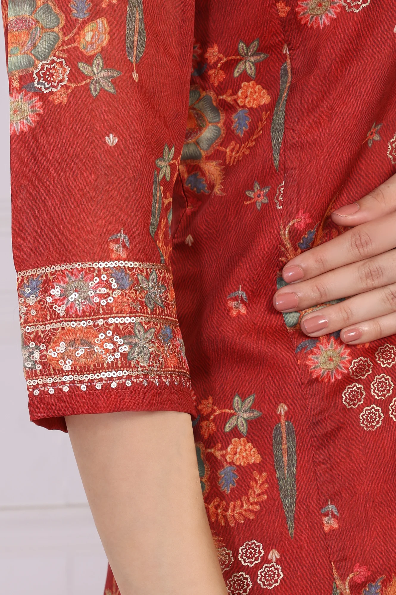 Red Embroidered Straight Jacquard Kurta with Sharara and Dupatta Set - Image 8