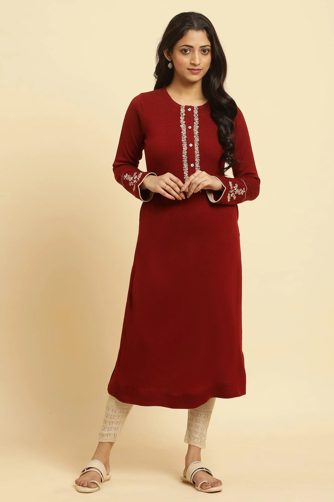 Red Embroidered Winter Kurta And Tights Set - Image 2