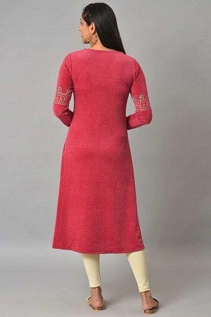 Red Embroidered With Beads Winter Festive kurta - Image 2