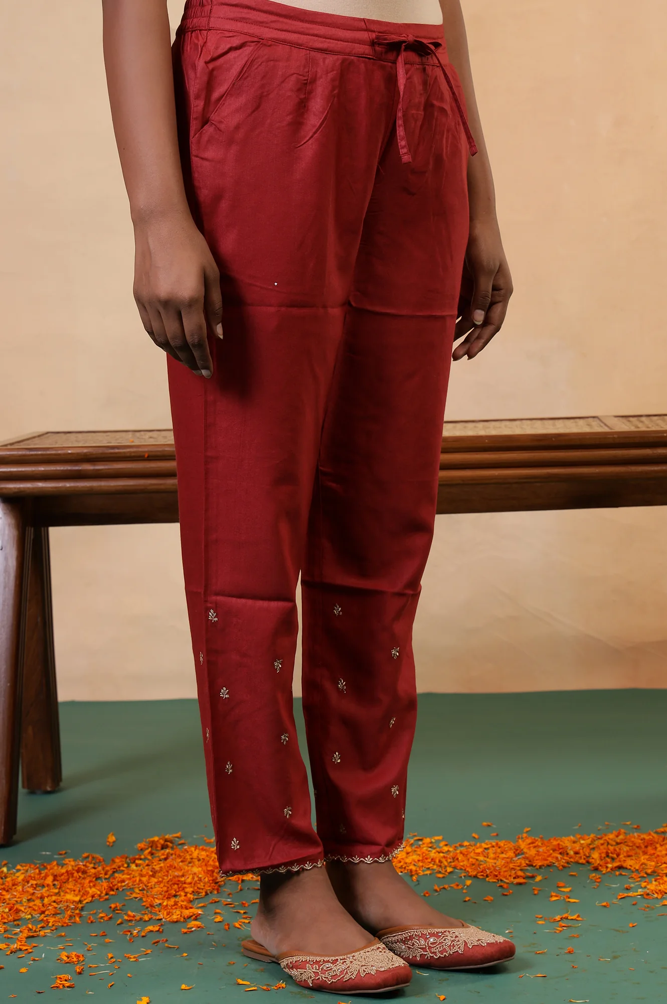 Red Embroidered Zari Work Straight Tussar Silk Pant - Image 2