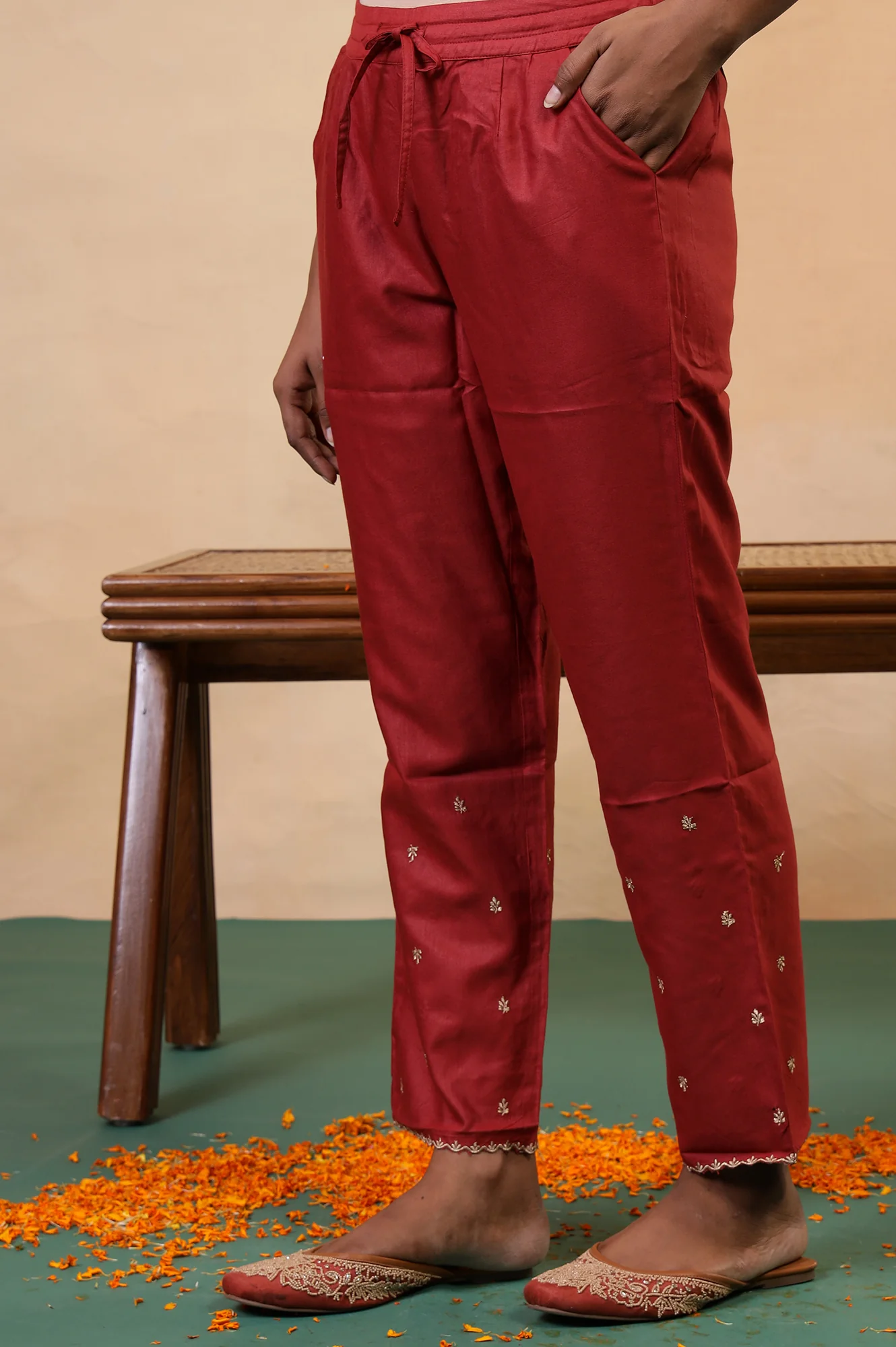Red Embroidered Zari Work Straight Tussar Silk Pant - Image 4