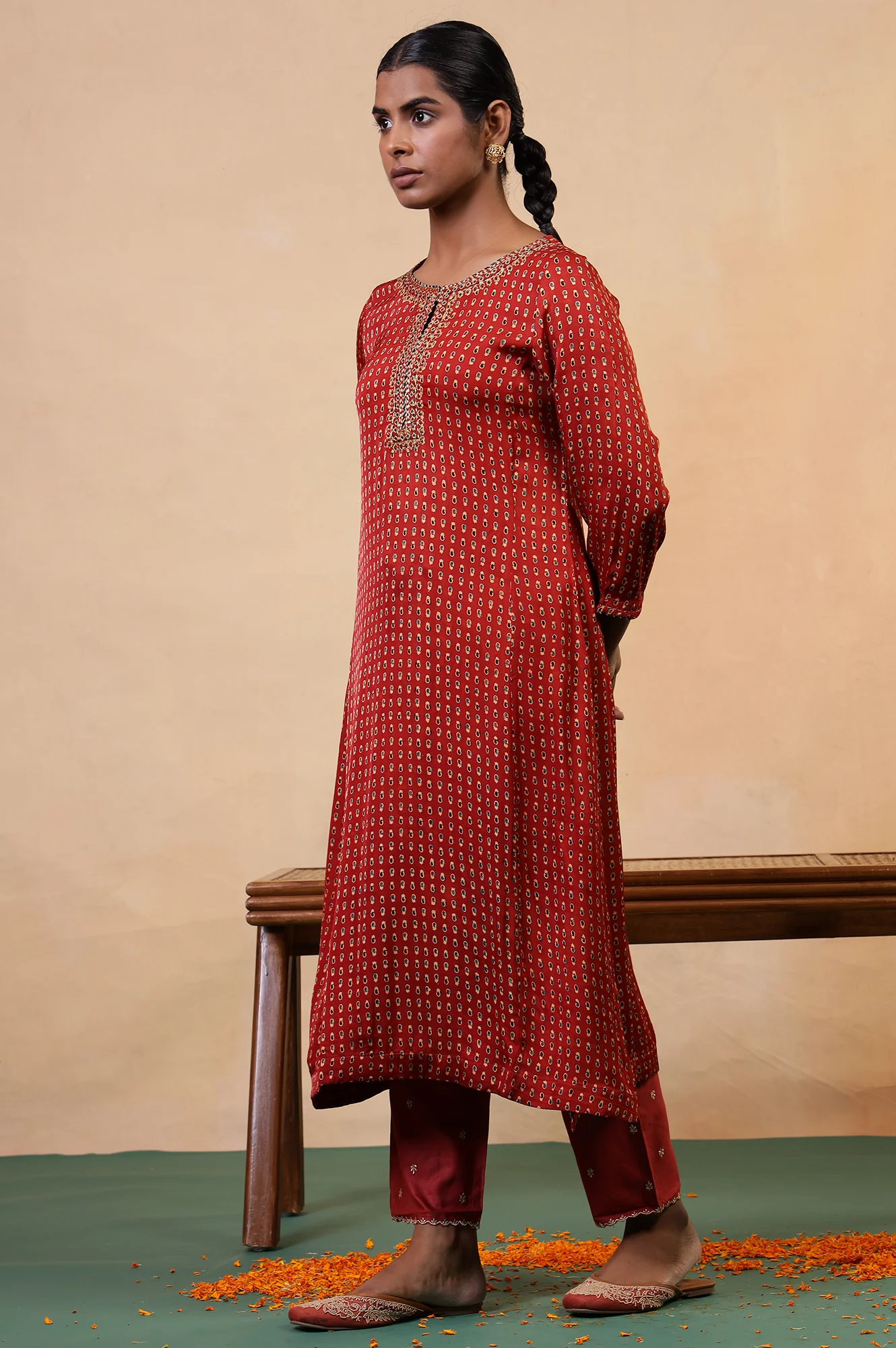 Red Embroidered Zari Work Straight Tussar Silk Pant - Image 5