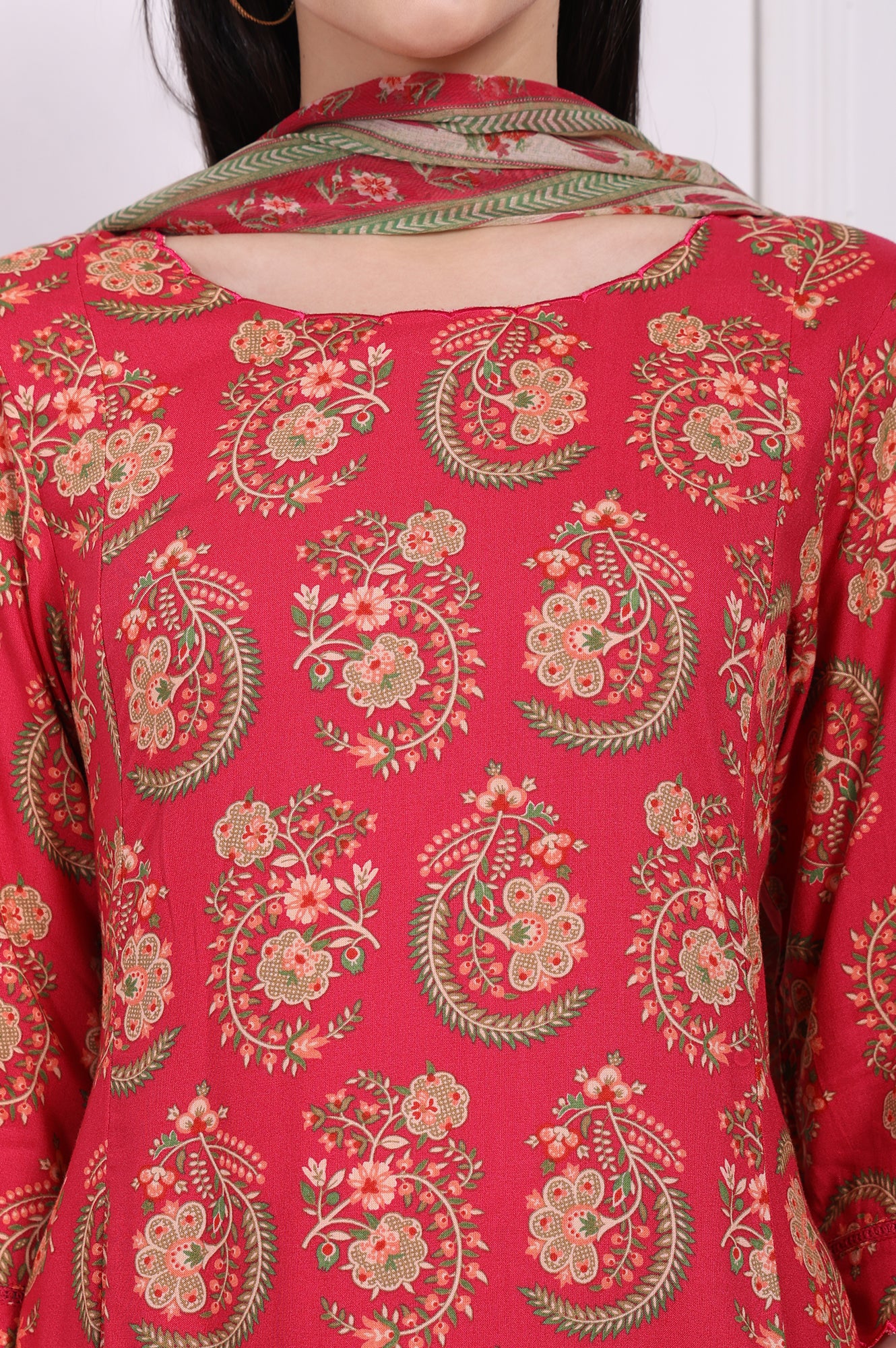 Red Ethnic Motifs Printed A-Line Rayon Kurta with Straight Pant and Dupatta Set - Image 3