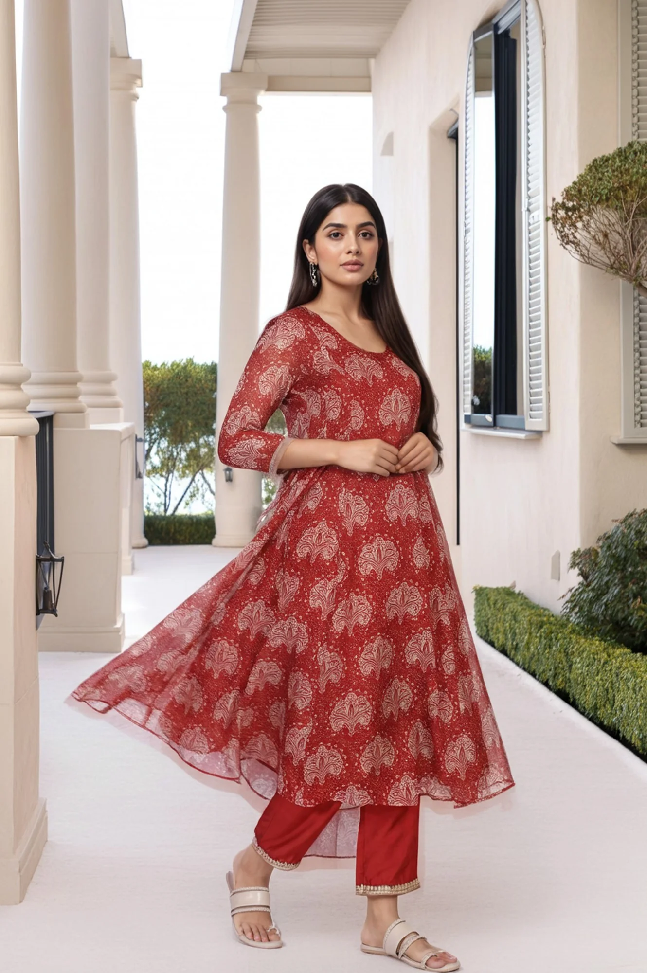 Red Ethnic Motifs Printed Embellished Anarkali Organza Kurta with Straight Pant and Dupatta Set - Image 4