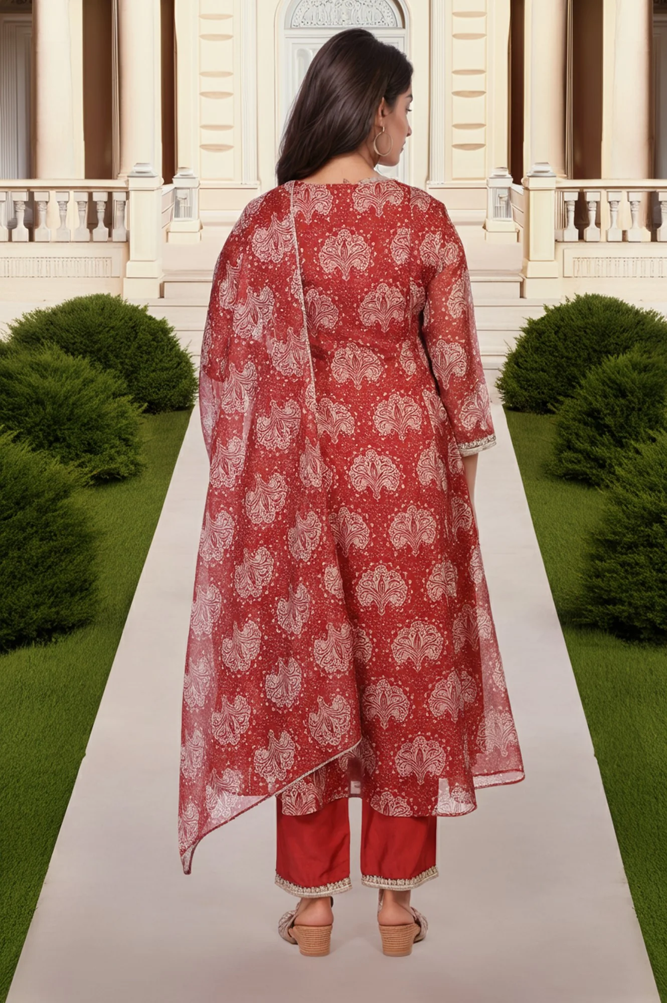 Red Ethnic Motifs Printed Embellished Anarkali Organza Kurta with Straight Pant and Dupatta Set - Image 5