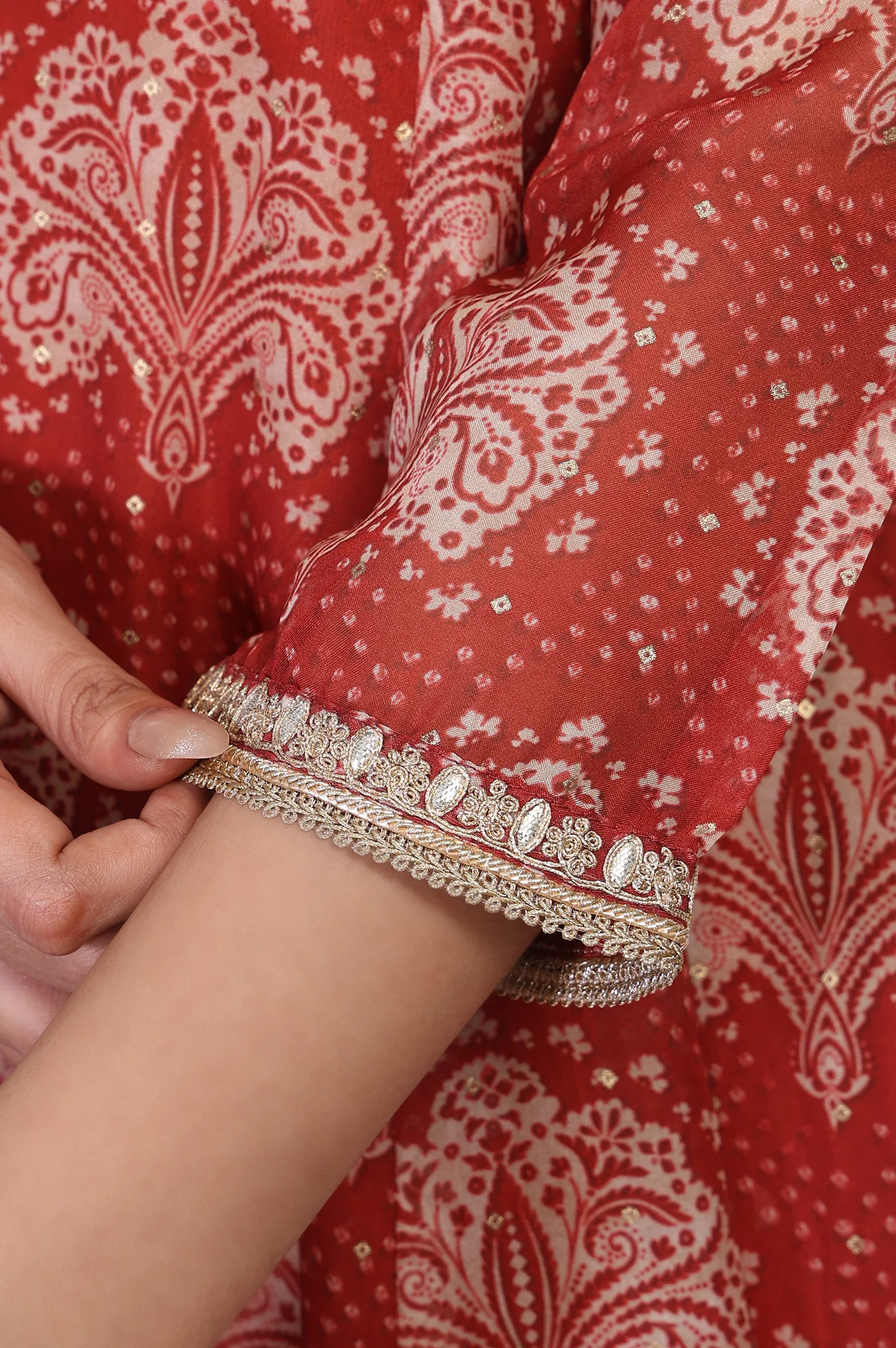 Red Ethnic Motifs Printed Embellished Anarkali Organza Kurta with Straight Pant and Dupatta Set - Image 9