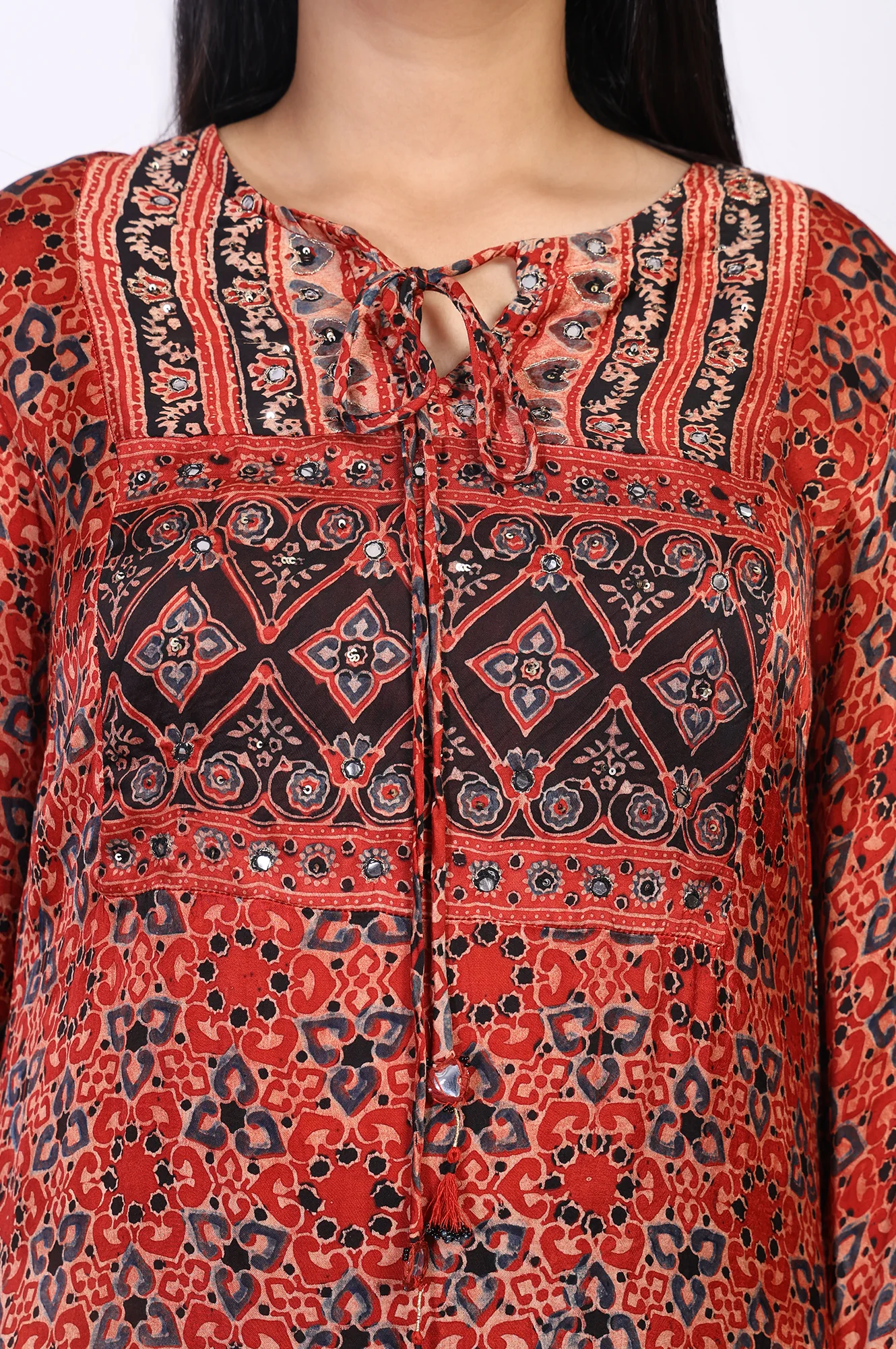 Red Ethnic Printed Mirror Work Straight Satin Kurta - Image 3