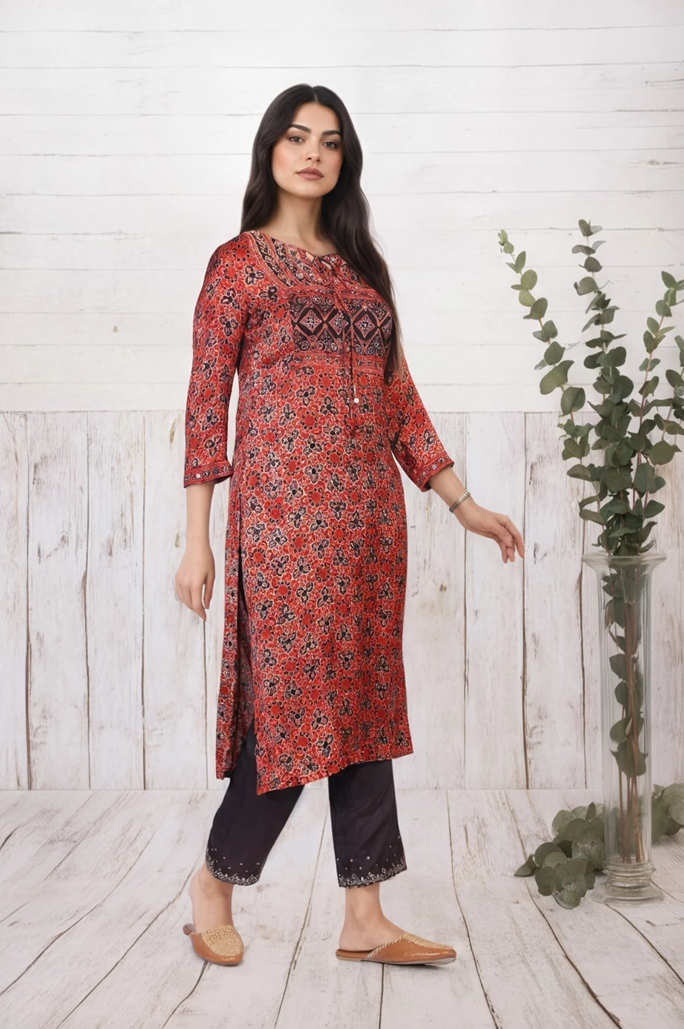 Red Ethnic Printed Mirror Work Straight Satin Kurta - Image 4