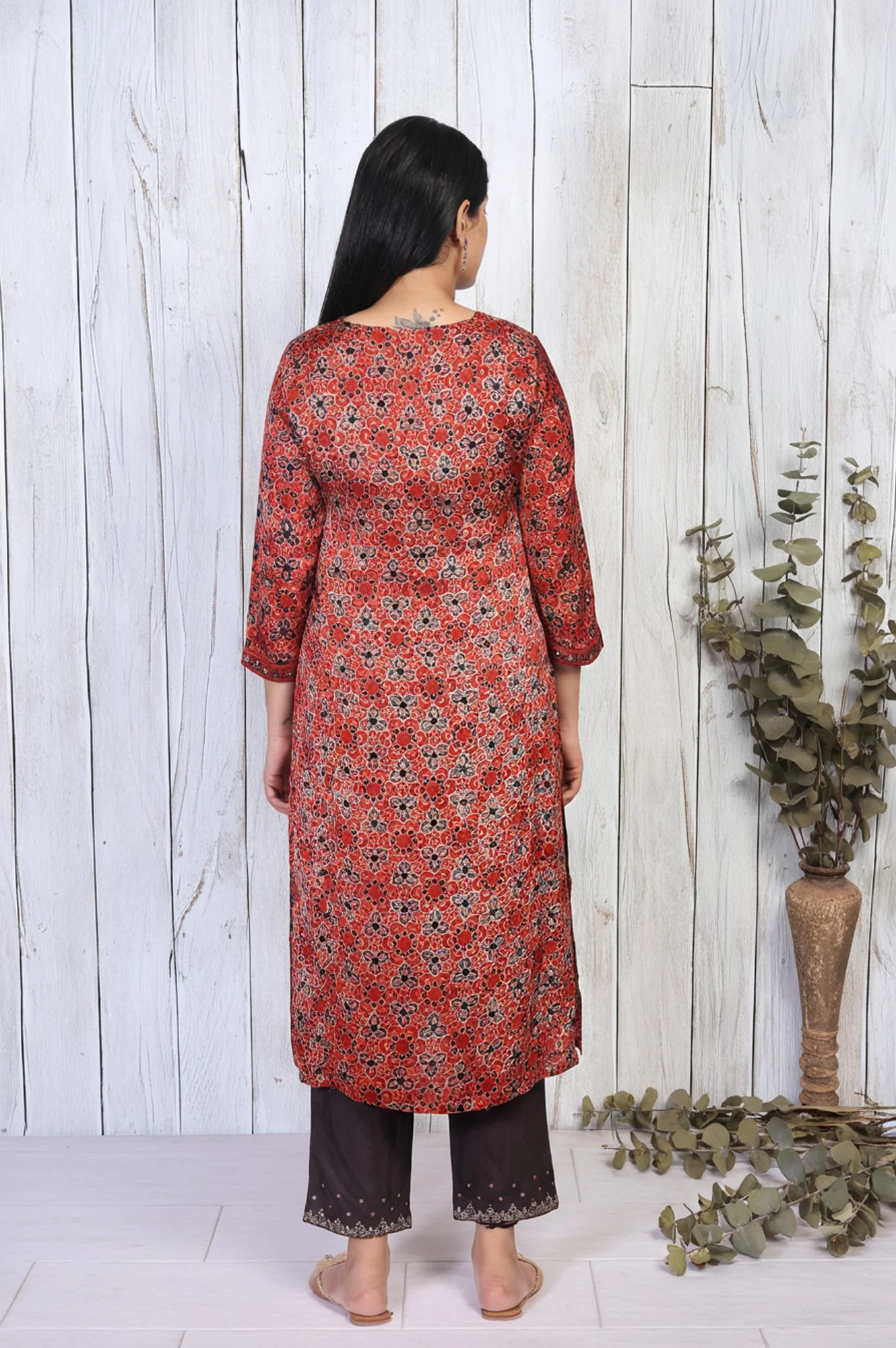 Red Ethnic Printed Mirror Work Straight Satin Kurta - Image 5