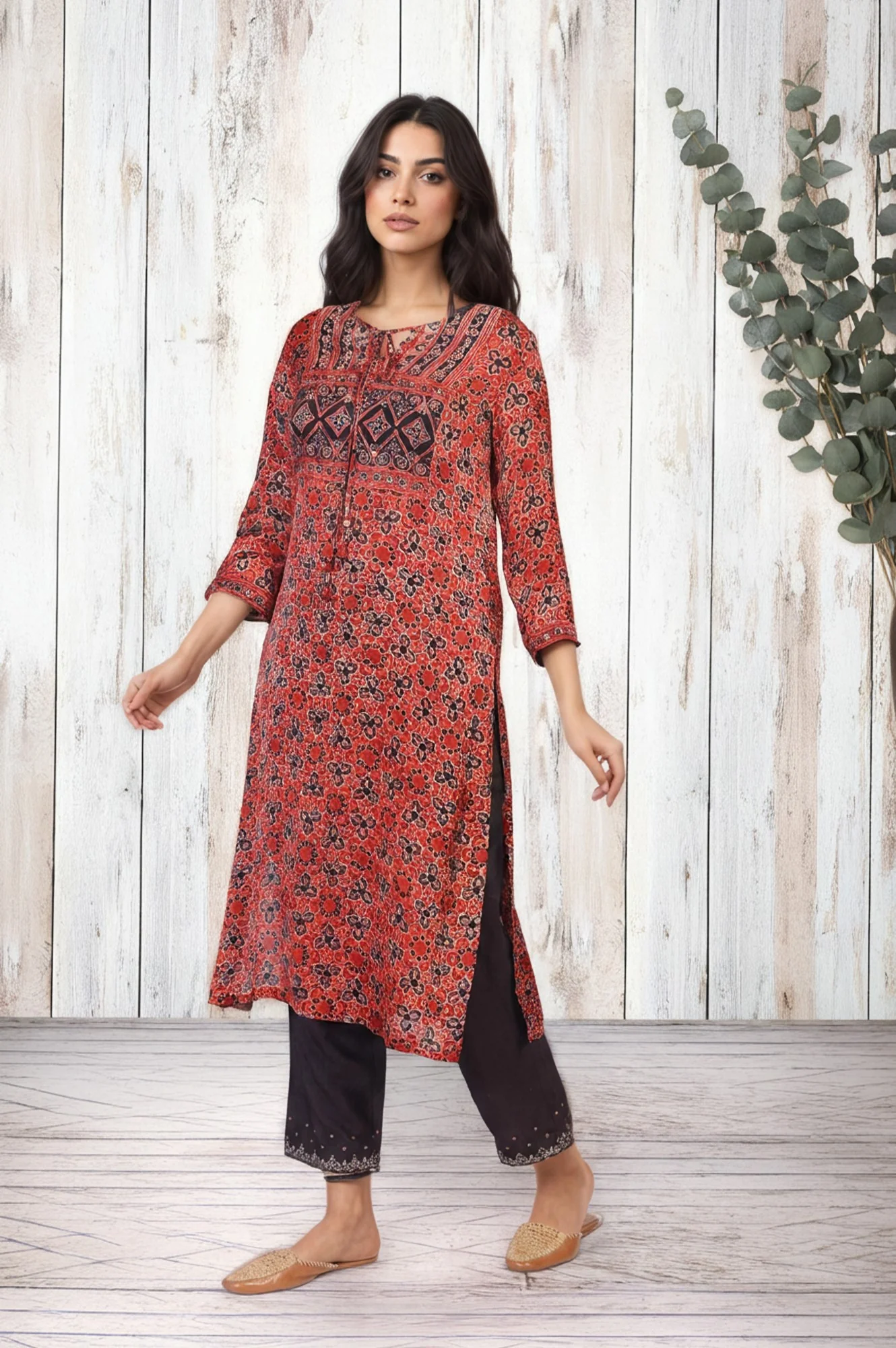 Red Ethnic Printed Mirror Work Straight Satin Kurta - Image 6