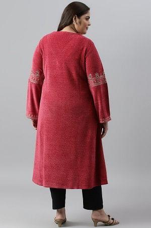 Red Flared Embroidered Winter kurta - Image 2