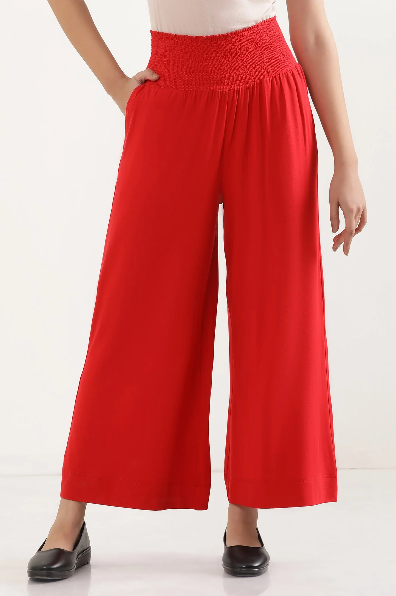 Elleven Women's Red Solid Flared Pants With Smocked Waistbelt - Image 2