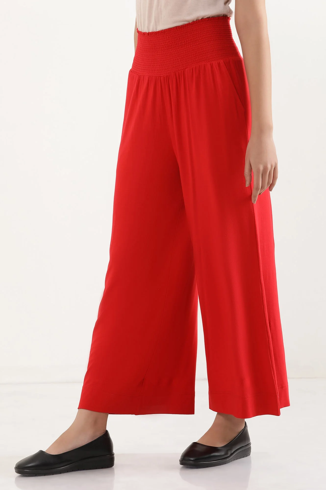 Elleven Women's Red Solid Flared Pants With Smocked Waistbelt - Image 3