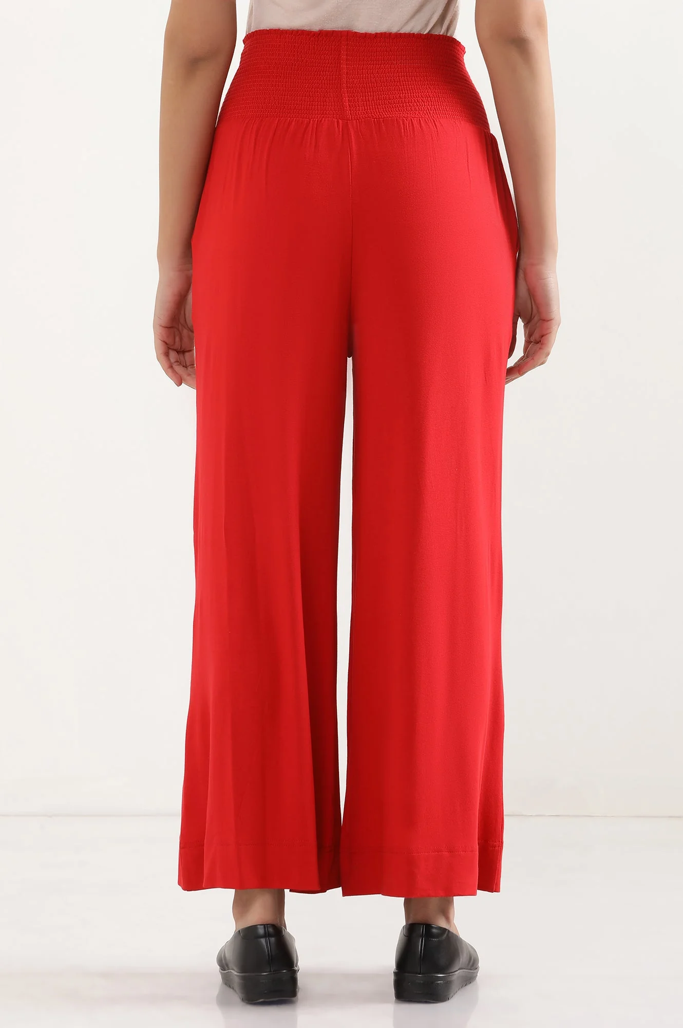 Elleven Women's Red Solid Flared Pants With Smocked Waistbelt - Image 4
