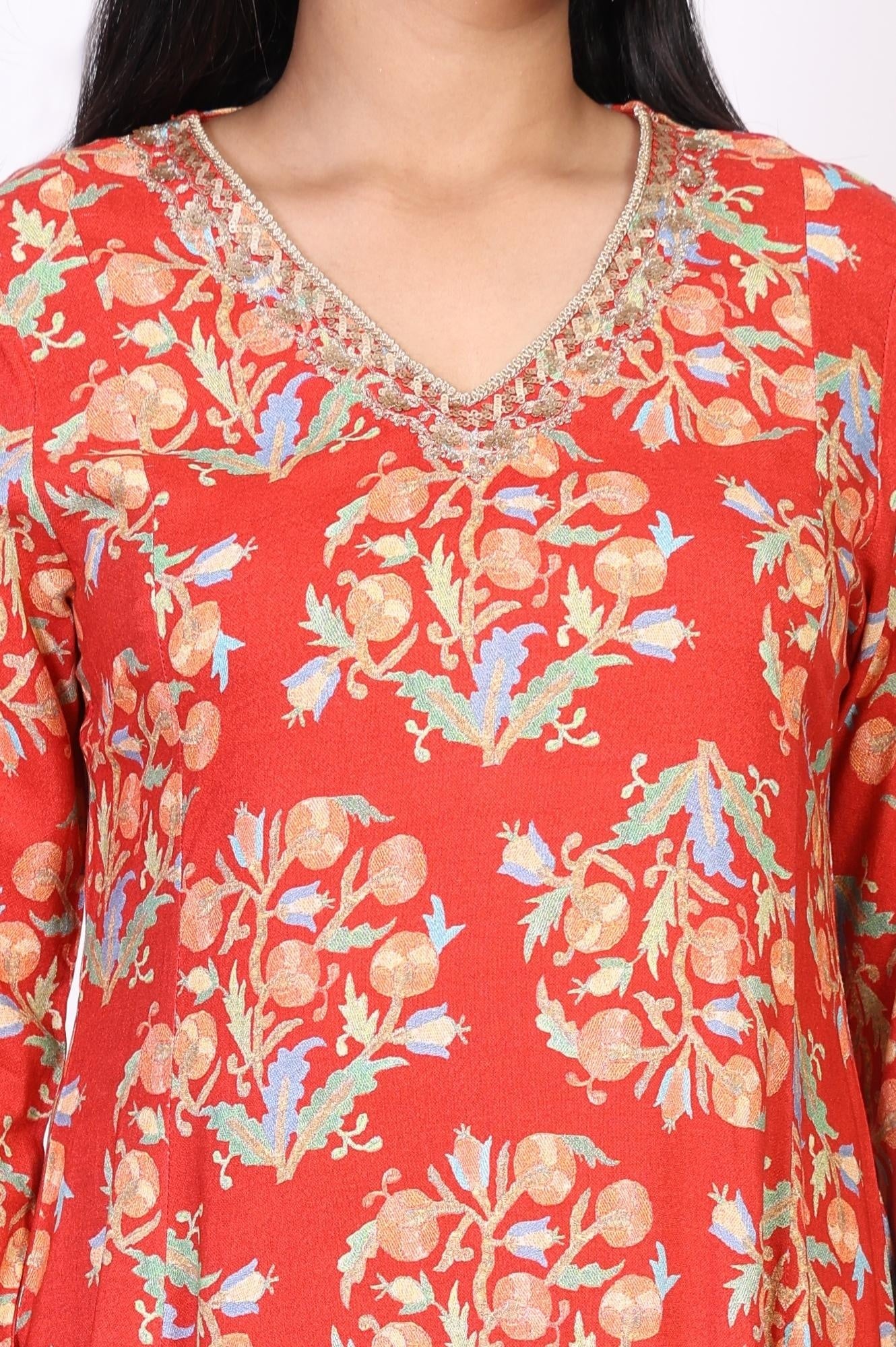 Red Floral Embroidered Flared Rayon Kurta - Image 3