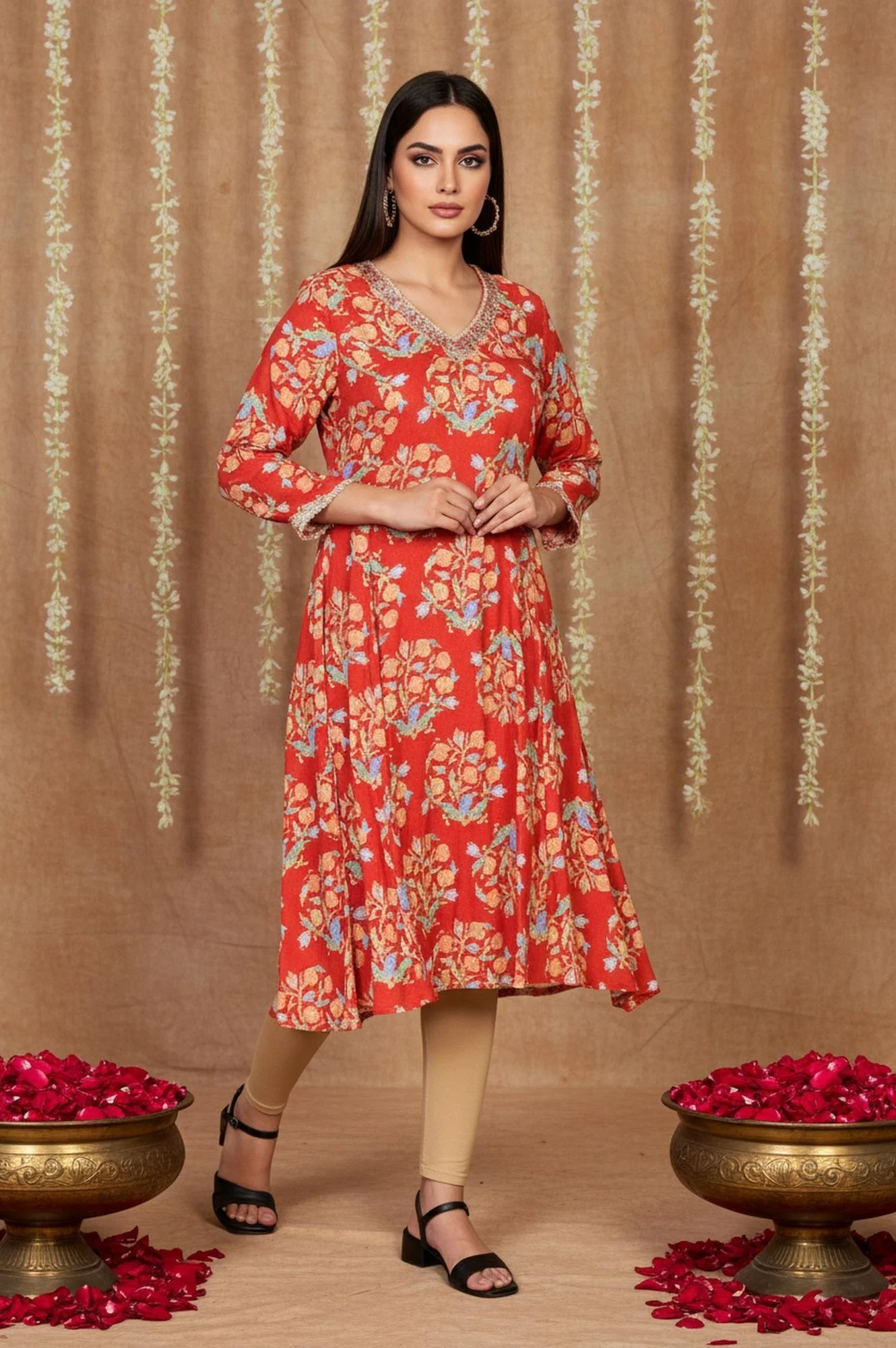 Red Floral Embroidered Flared Rayon Kurta - Image 4