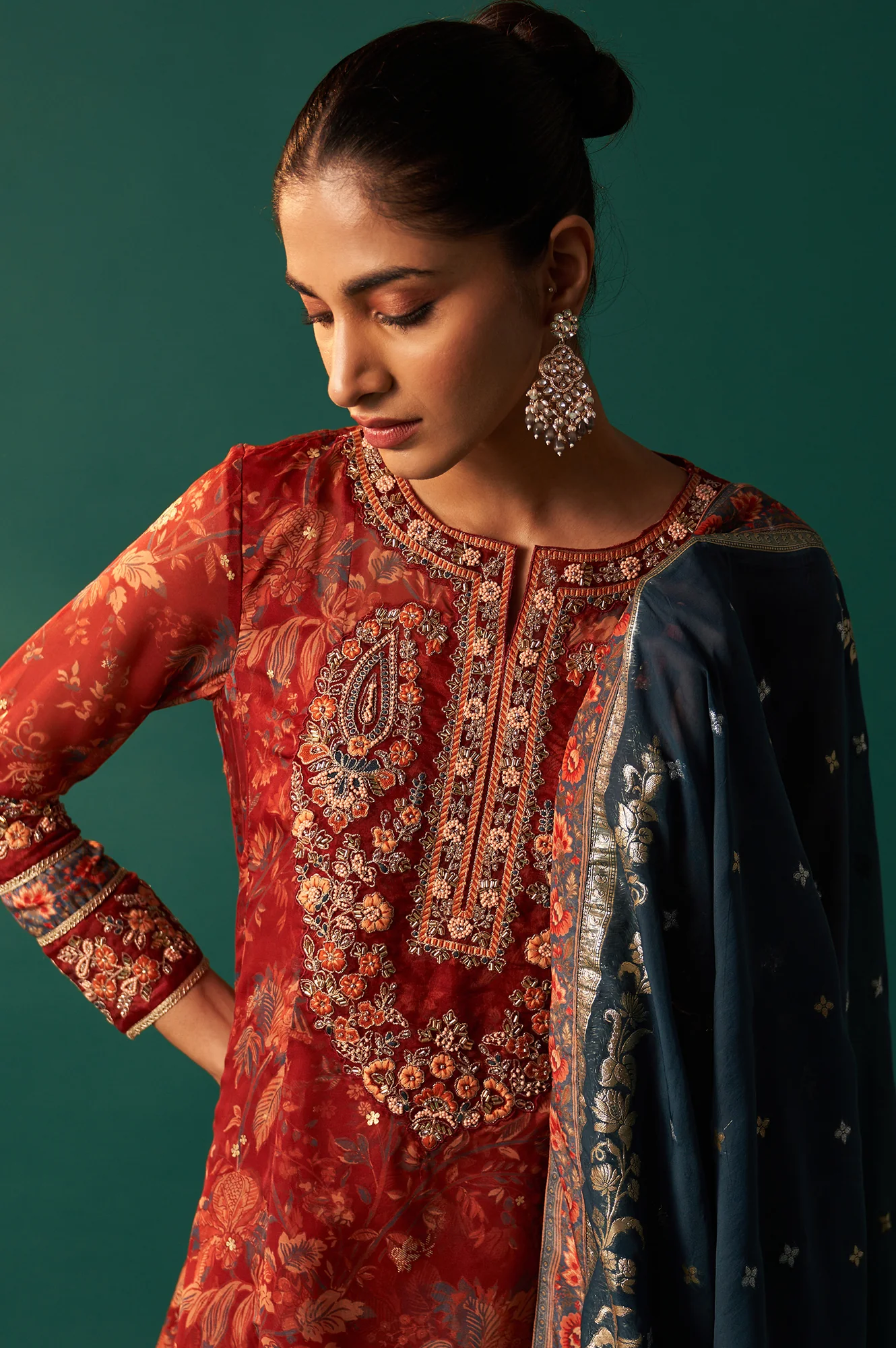 Red Floral Printed Embroidered Flared Organza Kurta with Culottes and Dupatta Set - Image 2