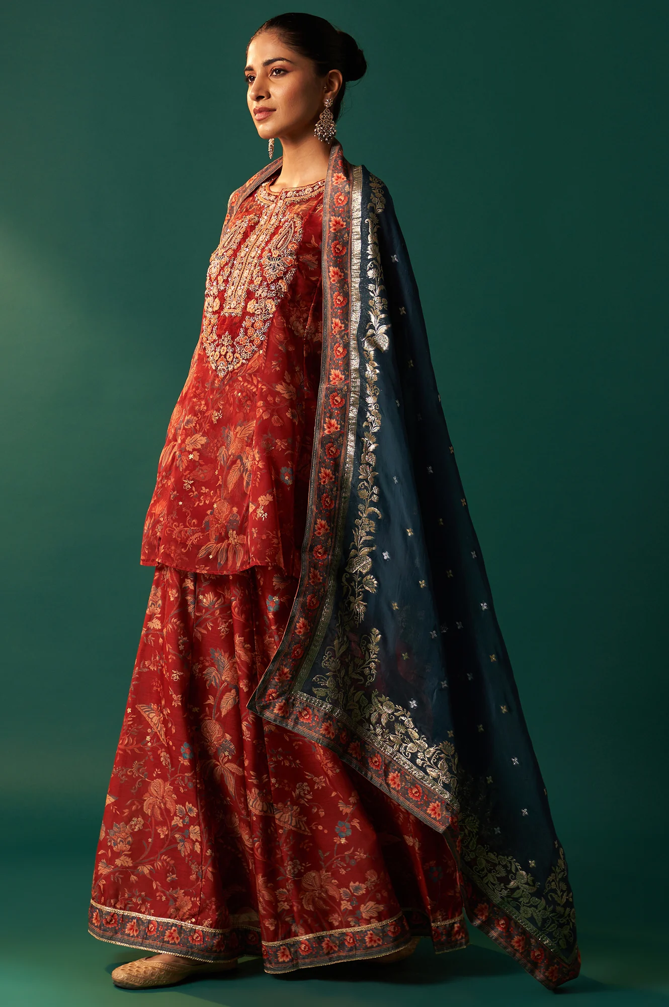 Red Floral Printed Embroidered Flared Organza Kurta with Culottes and Dupatta Set - Image 3