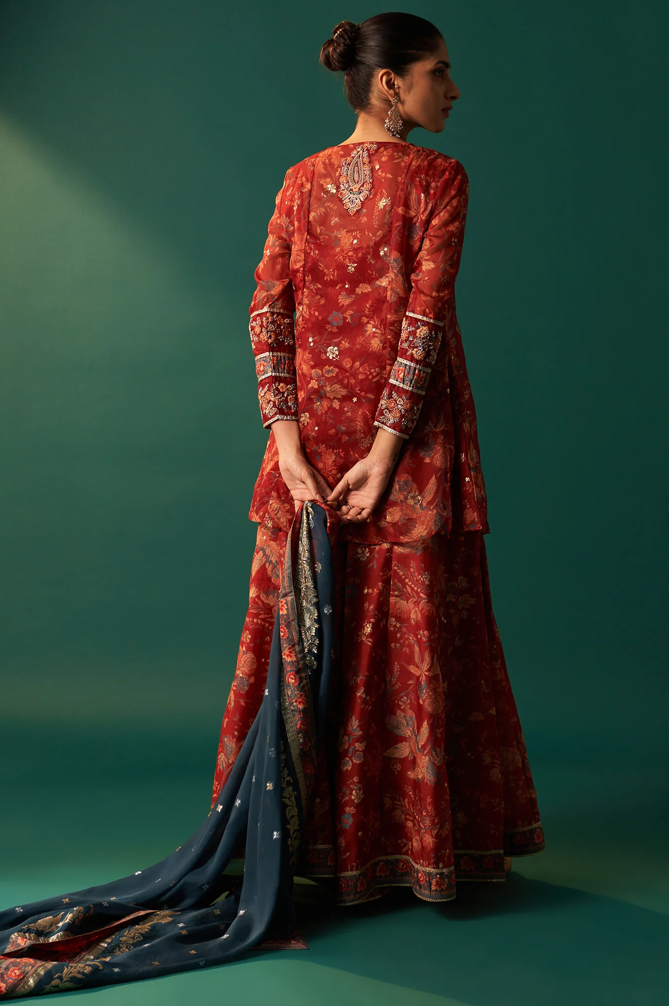 Red Floral Printed Embroidered Flared Organza Kurta with Culottes and Dupatta Set - Image 4