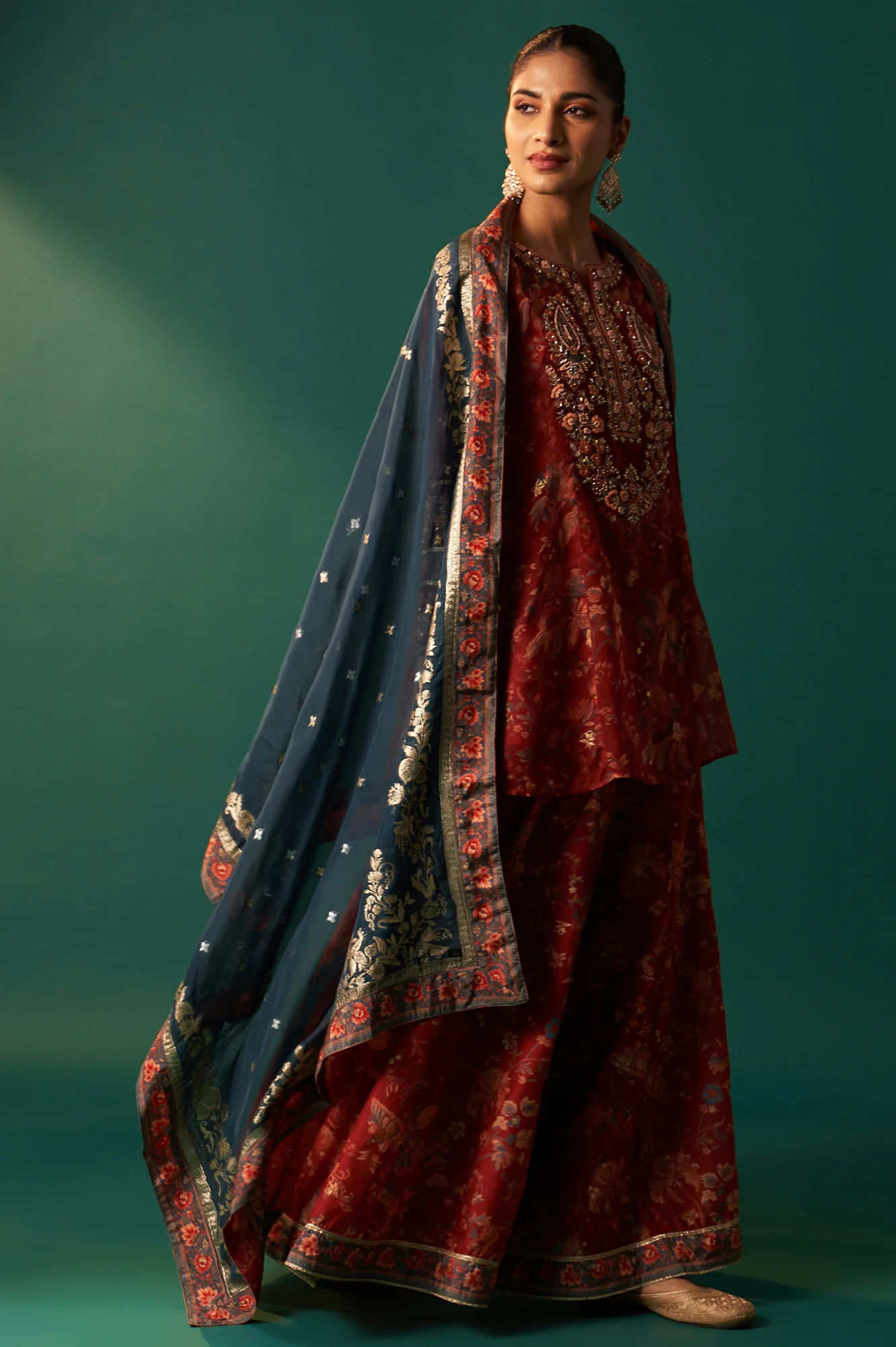 Red Floral Printed Embroidered Flared Organza Kurta with Culottes and Dupatta Set - Image 5