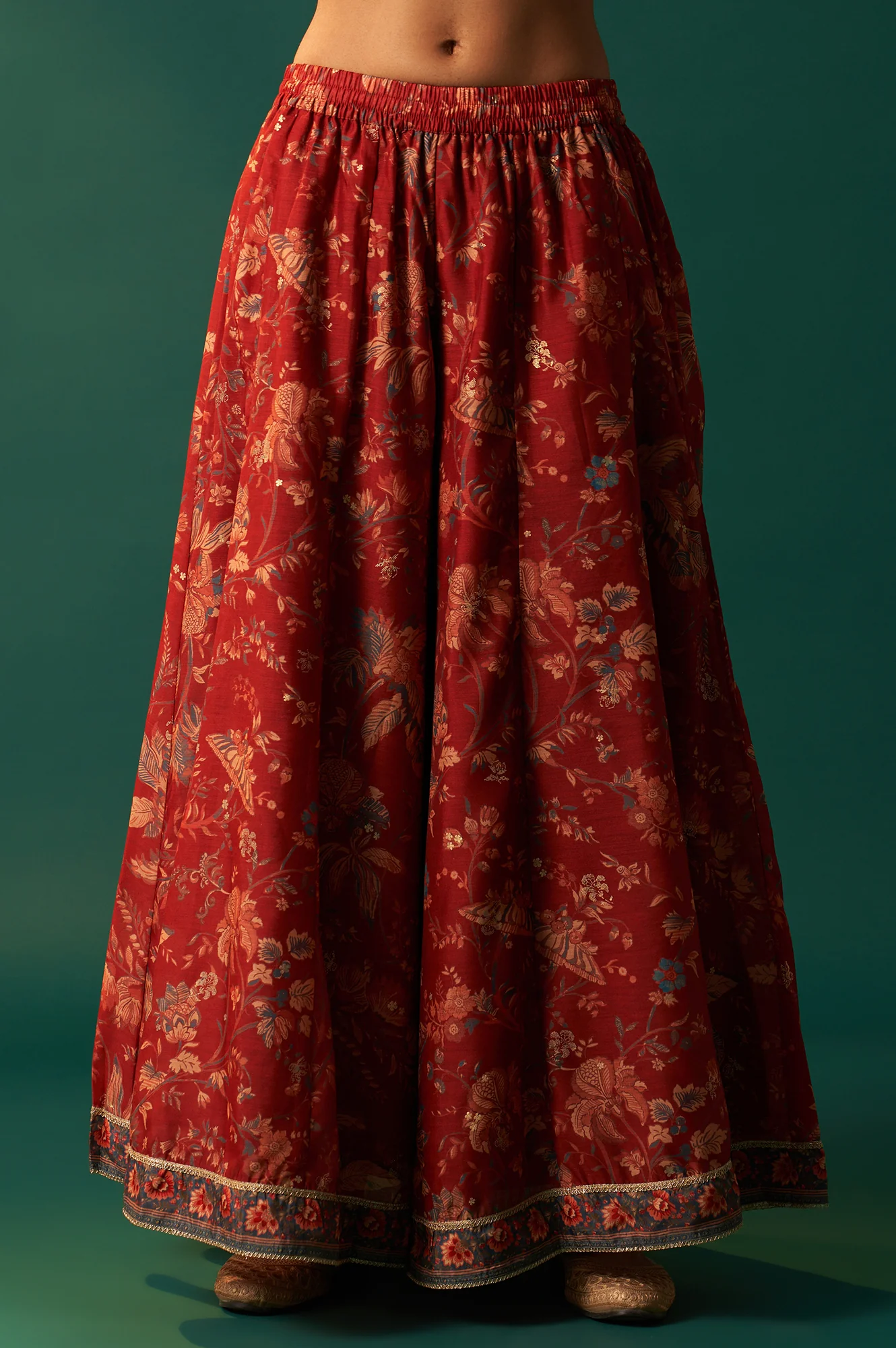 Red Floral Printed Embroidered Flared Organza Kurta with Culottes and Dupatta Set - Image 6
