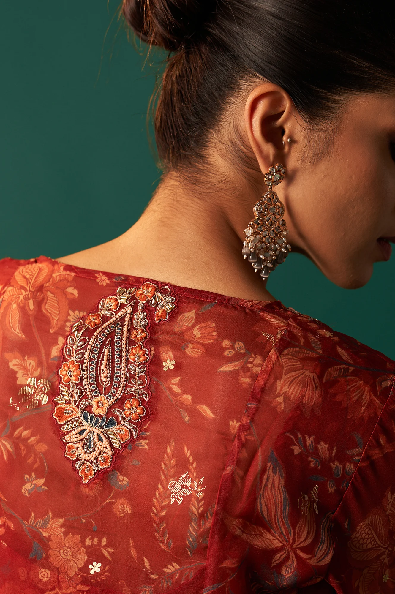 Red Floral Printed Embroidered Flared Organza Kurta with Culottes and Dupatta Set - Image 7