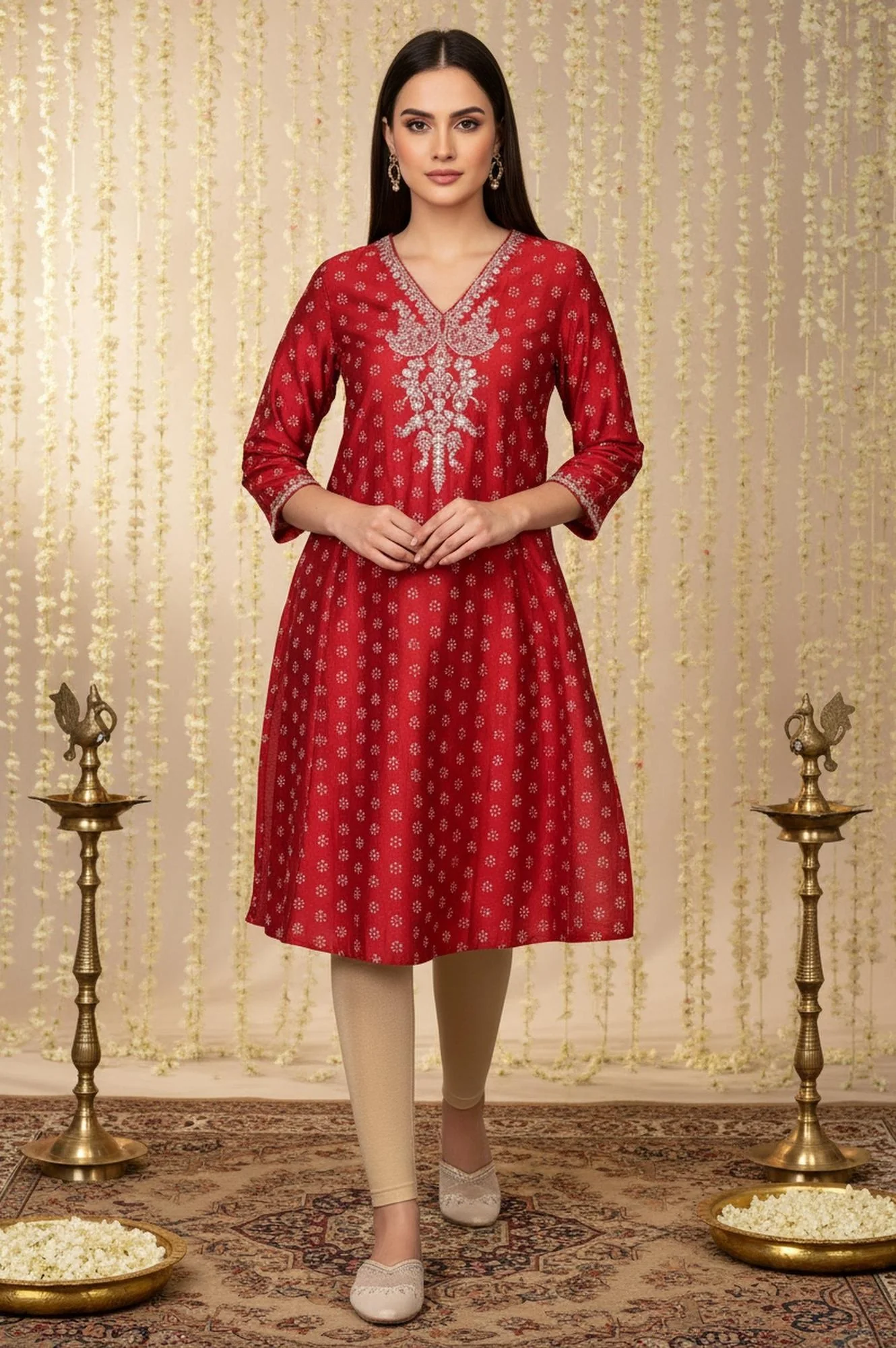 Red Floral Print Embroidered Straight Silk Kurta - Image 2