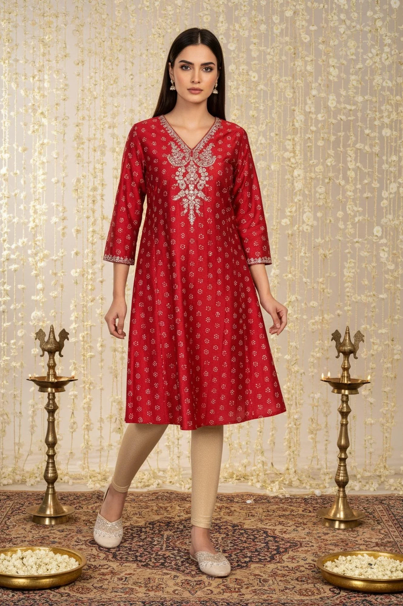 Red Floral Print Embroidered Straight Silk Kurta - Image 4